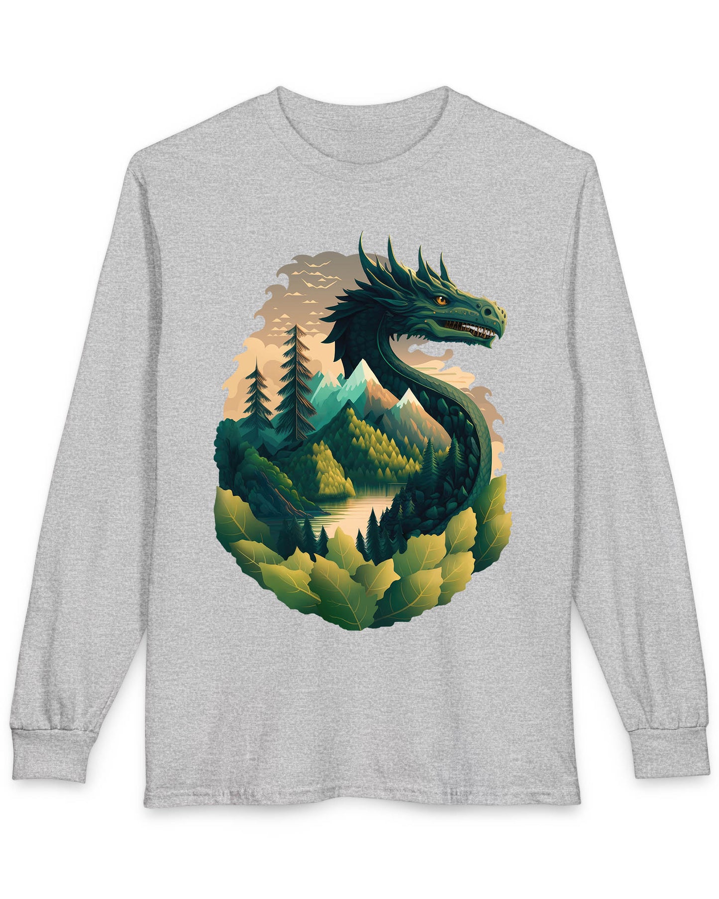 Go Green Dragon shirt in sport grey featuring a green dragon blending into a mountain landscape with trees and a lake