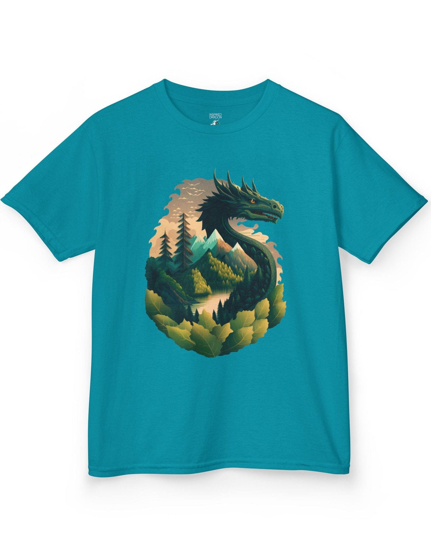 Go Green Dragon shirt in tropical blue featuring a green dragon blending into a mountain landscape with trees and a lake