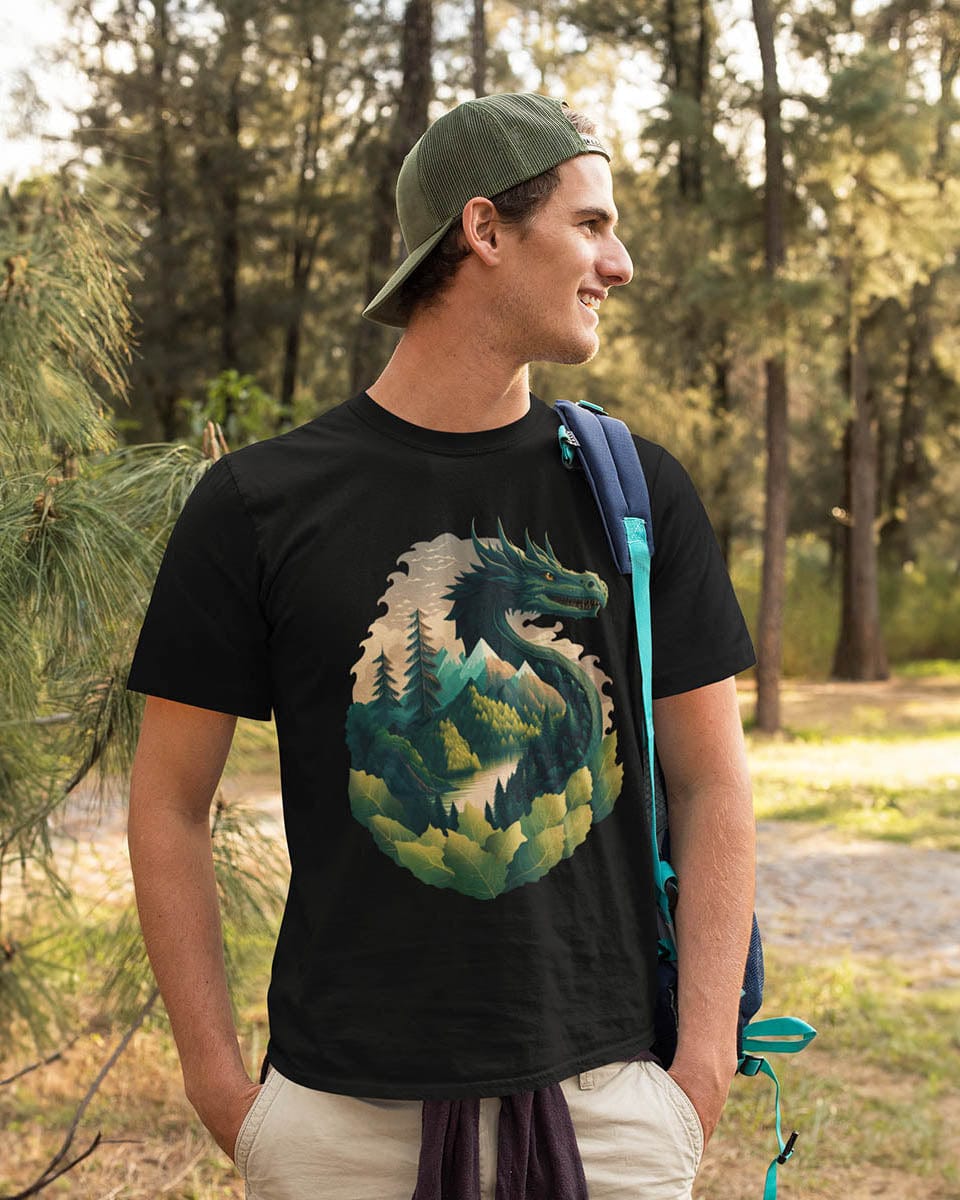 Man outdoors, enjoying nature, wearing a Go Green Dragon shirt featuring a green dragon blending into a mountain landscape.