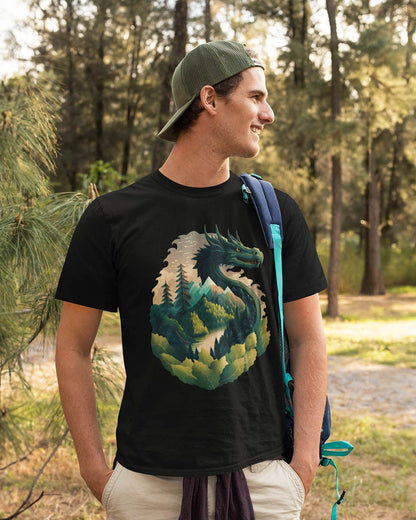 Man outdoors, enjoying nature, wearing a Go Green Dragon shirt featuring a green dragon blending into a mountain landscape.