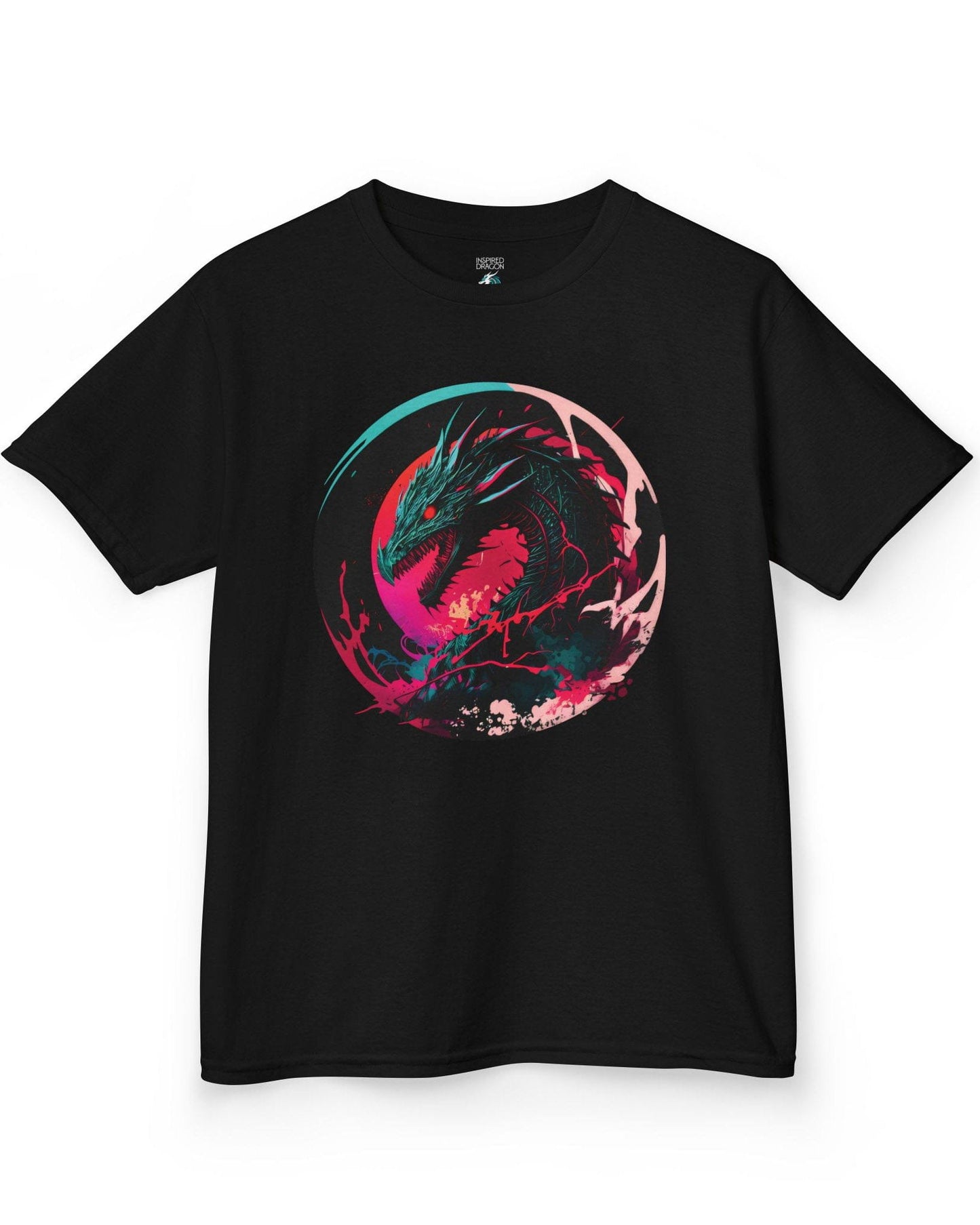 Neon Abyssal Dragon shirt in black featuring a fierce dragon with electric energy, baring its teeth in a snarl
