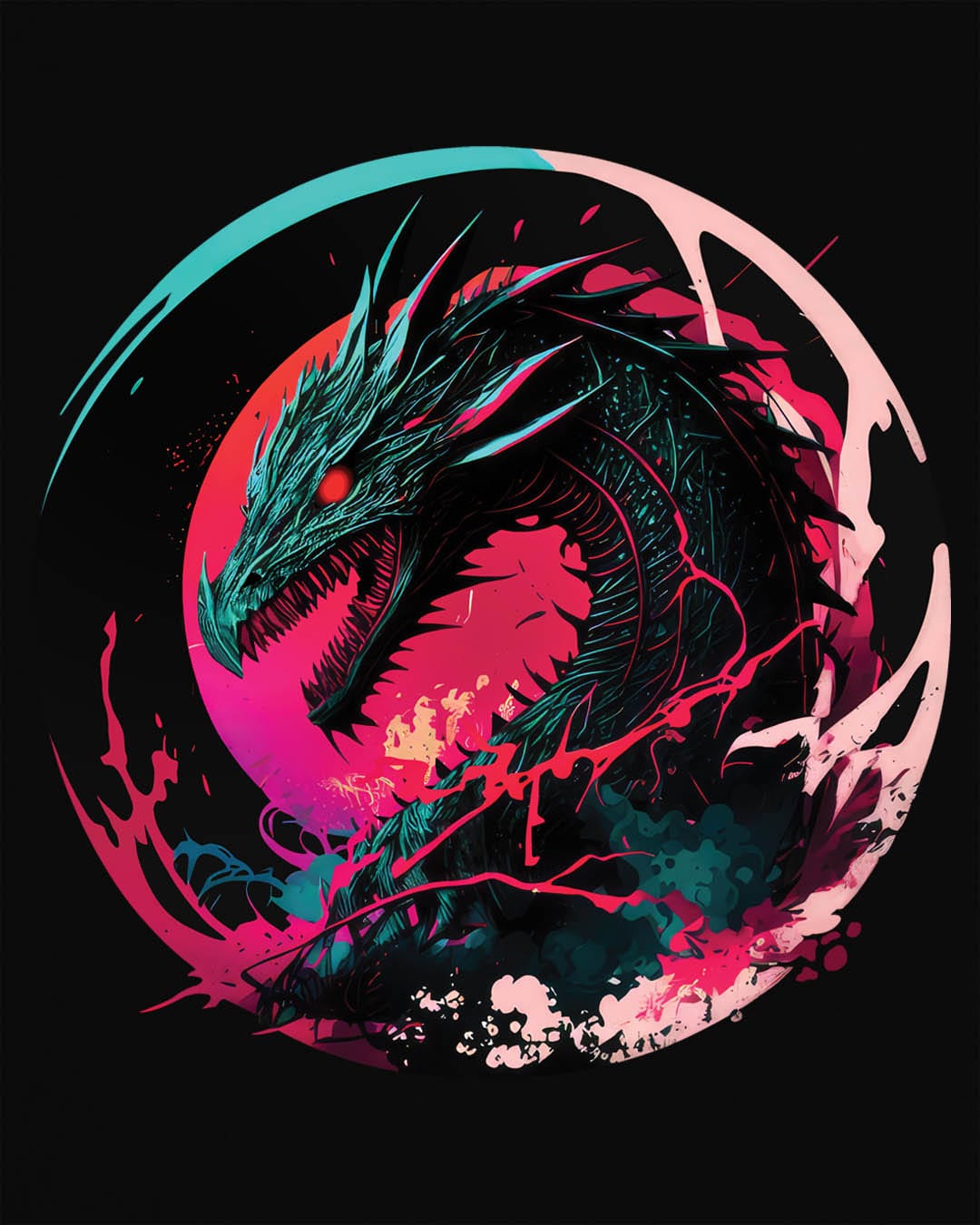 Neon Abyssal Dragon shirt in black featuring a fierce dragon with electric energy, baring its teeth in a snarl.