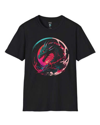 Neon Abyssal Dragon shirt in black featuring a fierce dragon with electric energy, baring its teeth in a snarl.
