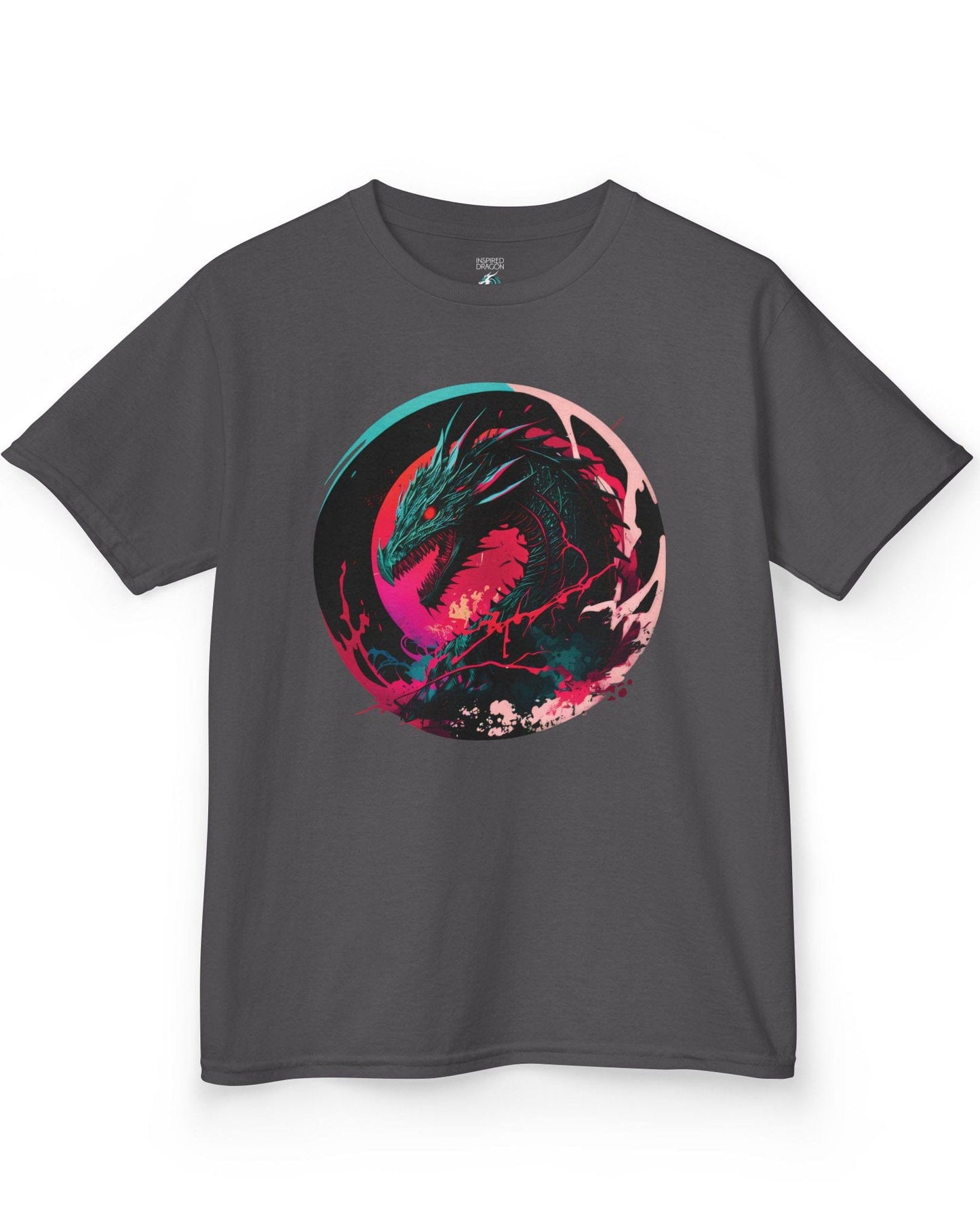 Neon Abyssal Dragon shirt in charcoal featuring a fierce dragon with electric energy, baring its teeth in a snarl