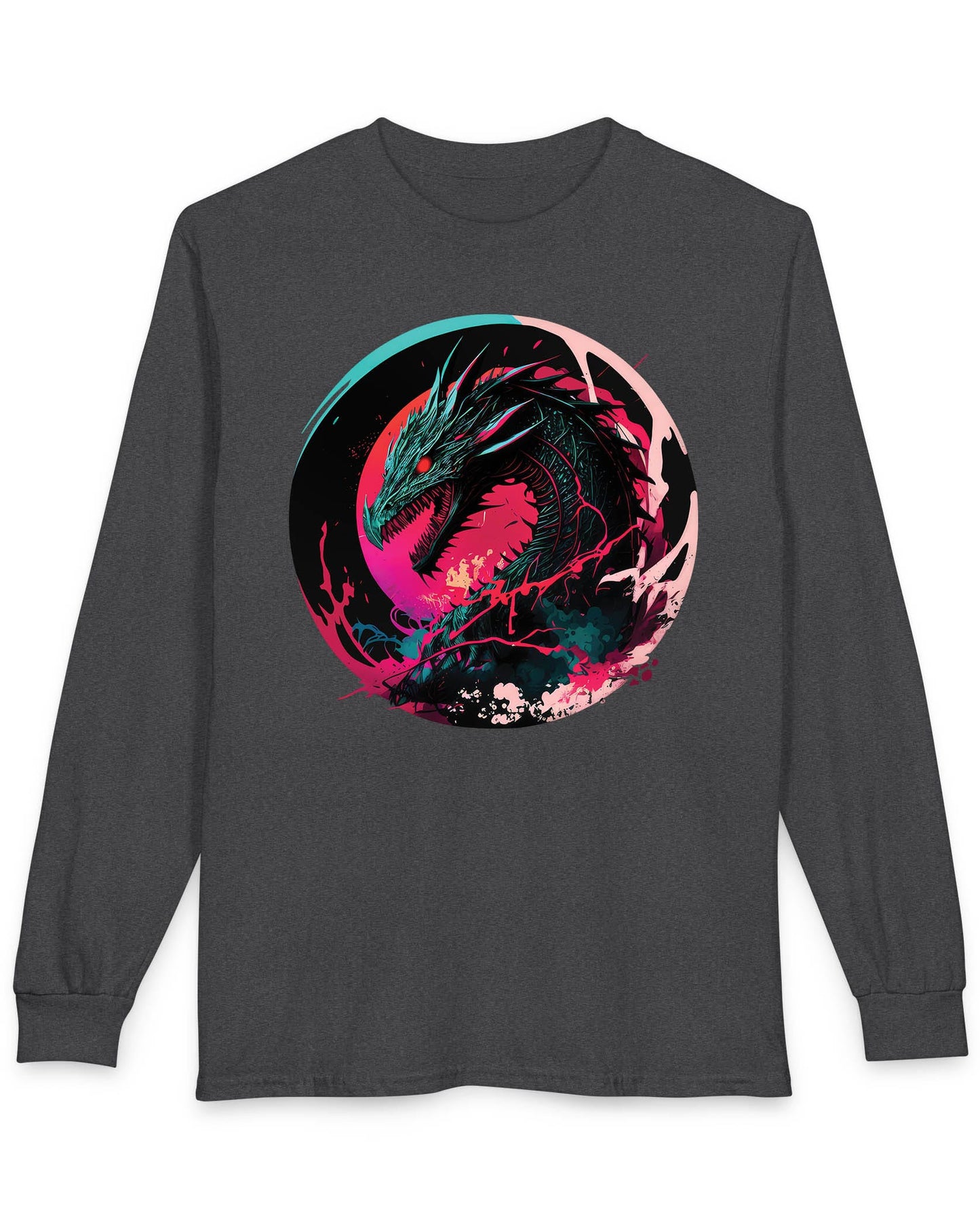 Neon Abyssal Dragon shirt in dark heather featuring a fierce dragon with electric energy, baring its teeth in a snarl