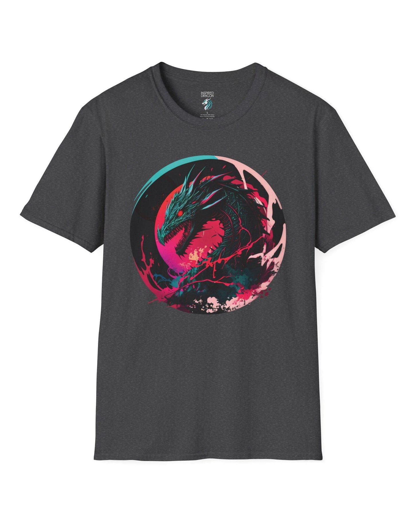 Neon Abyssal Dragon shirt in dark heather grey featuring a fierce dragon with electric energy, baring its teeth in a snarl.
