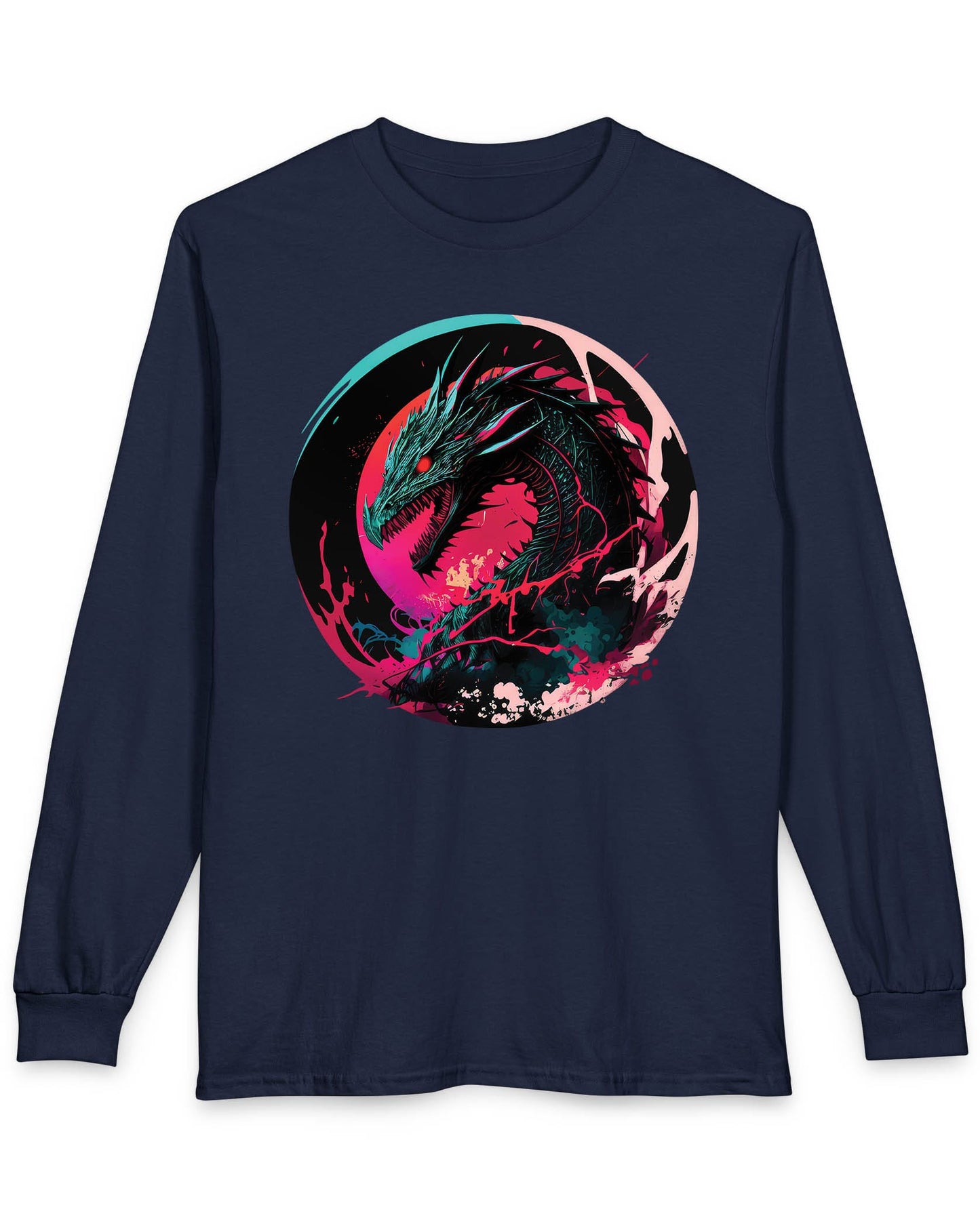 Neon Abyssal Dragon shirt in navy featuring a fierce dragon with electric energy, baring its teeth in a snarl