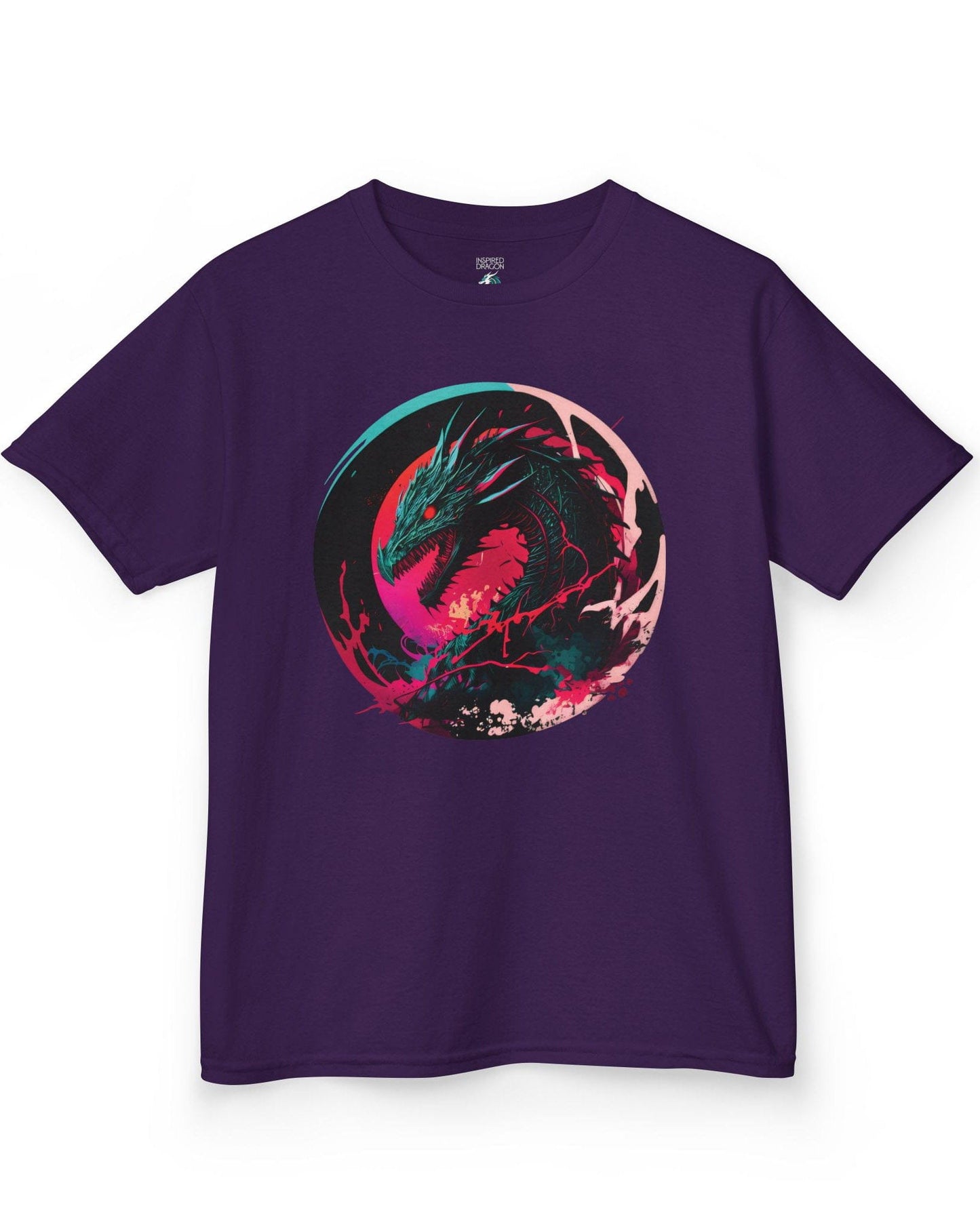 Neon Abyssal Dragon shirt in purple featuring a fierce dragon with electric energy, baring its teeth in a snarl
