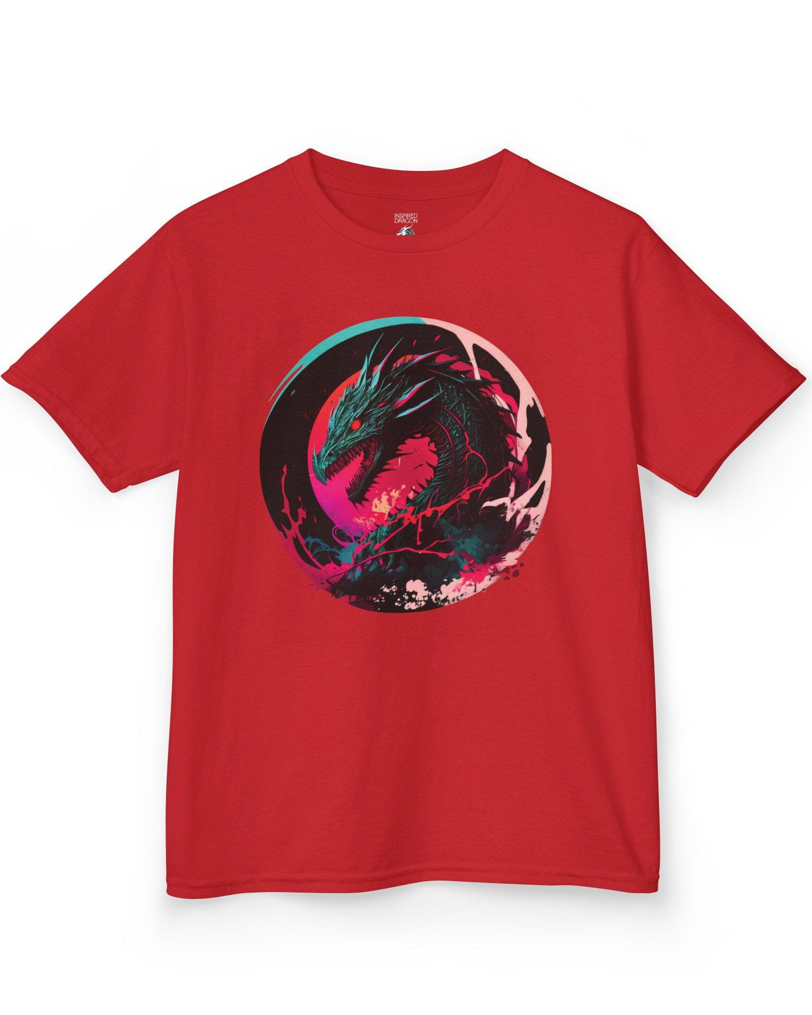 Neon Abyssal Dragon shirt in red featuring a fierce dragon with electric energy, baring its teeth in a snarl