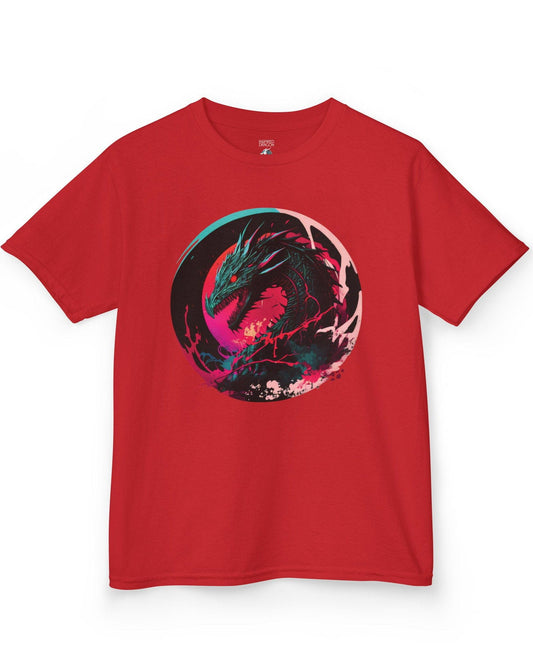 Neon Abyssal Dragon shirt in red featuring a fierce dragon with electric energy, baring its teeth in a snarl
