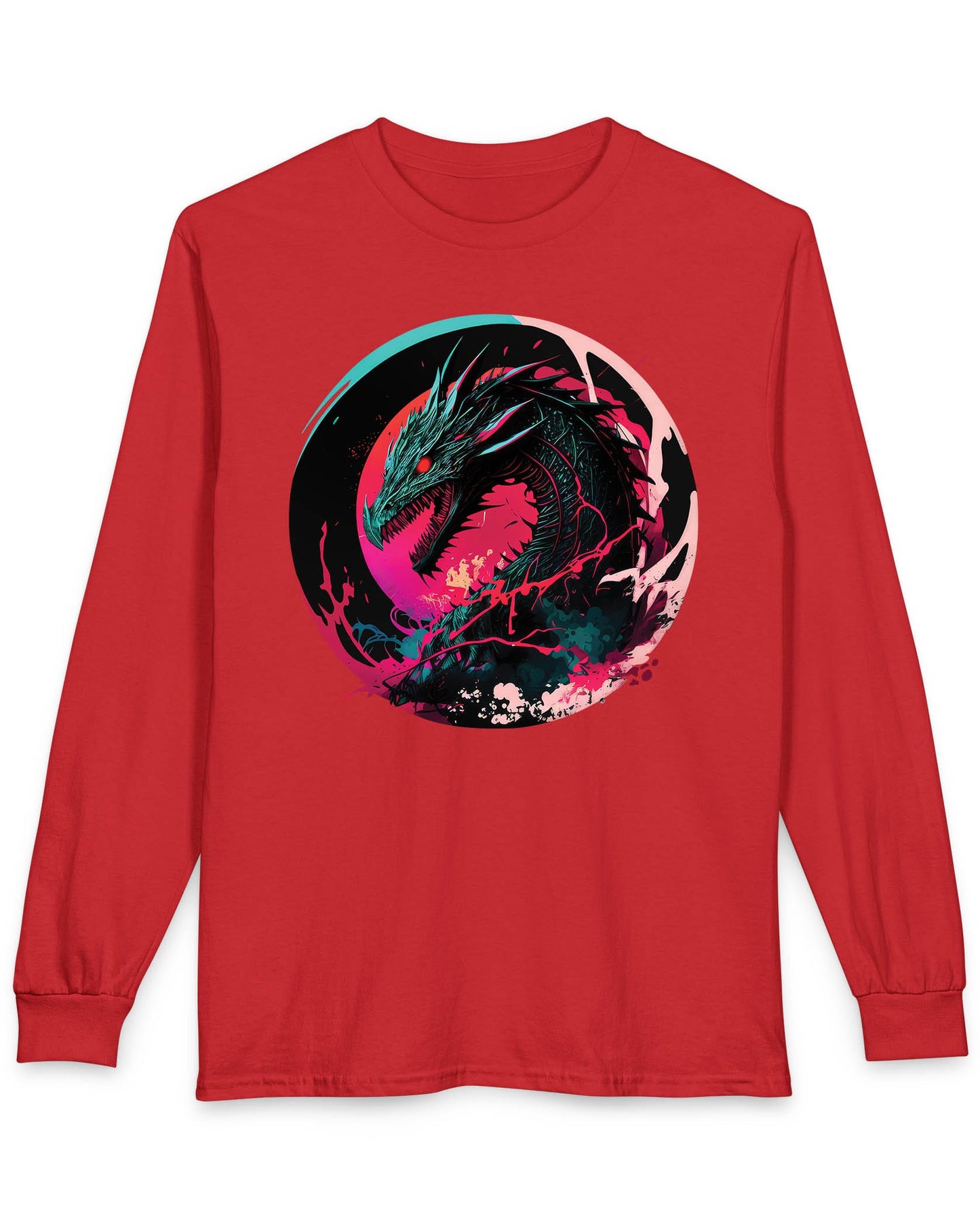 Neon Abyssal Dragon shirt in red featuring a fierce dragon with electric energy, baring its teeth in a snarl
