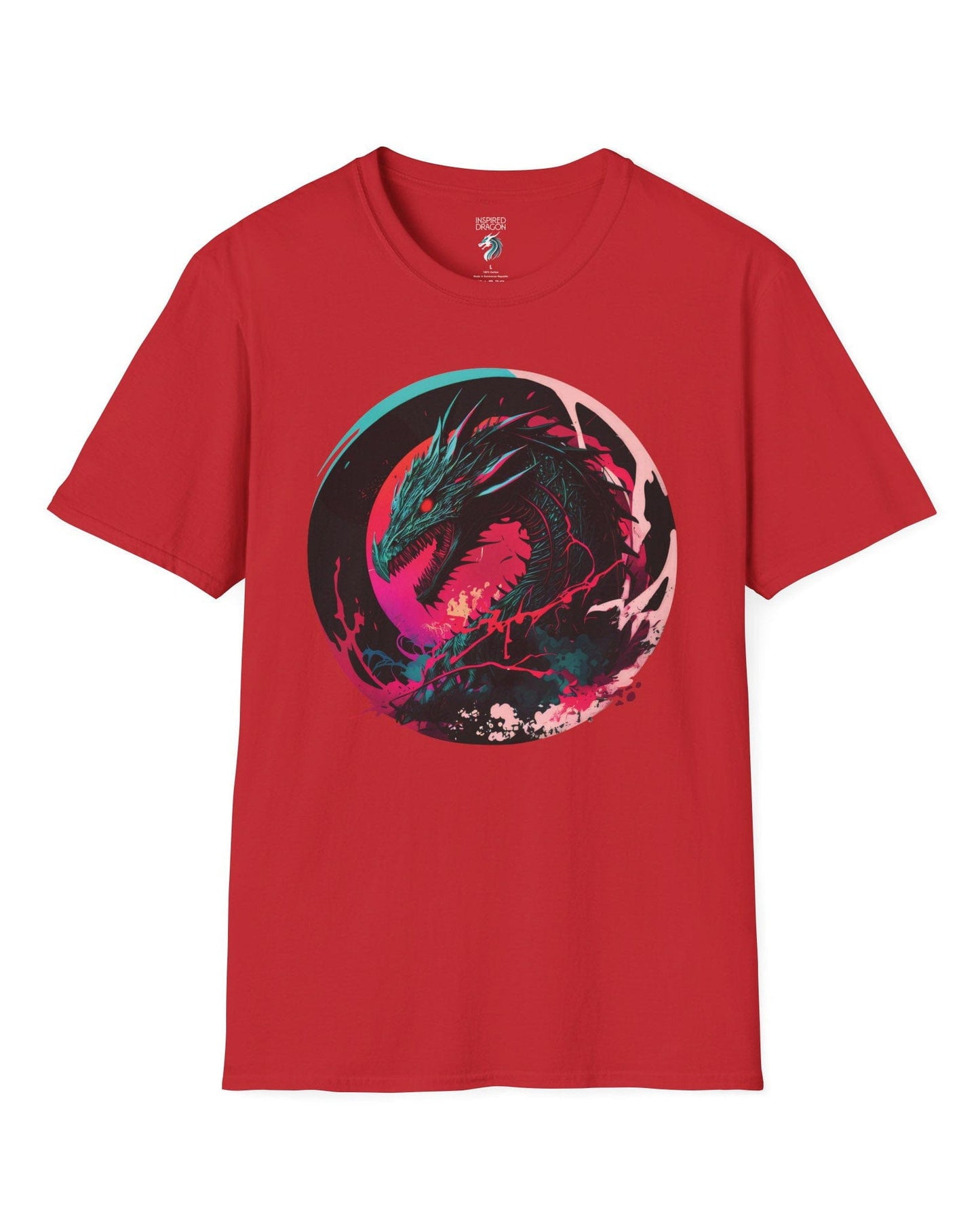 Neon Abyssal Dragon shirt in red featuring a fierce dragon with electric energy, baring its teeth in a snarl.

