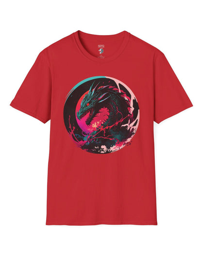 Neon Abyssal Dragon shirt in red featuring a fierce dragon with electric energy, baring its teeth in a snarl.
