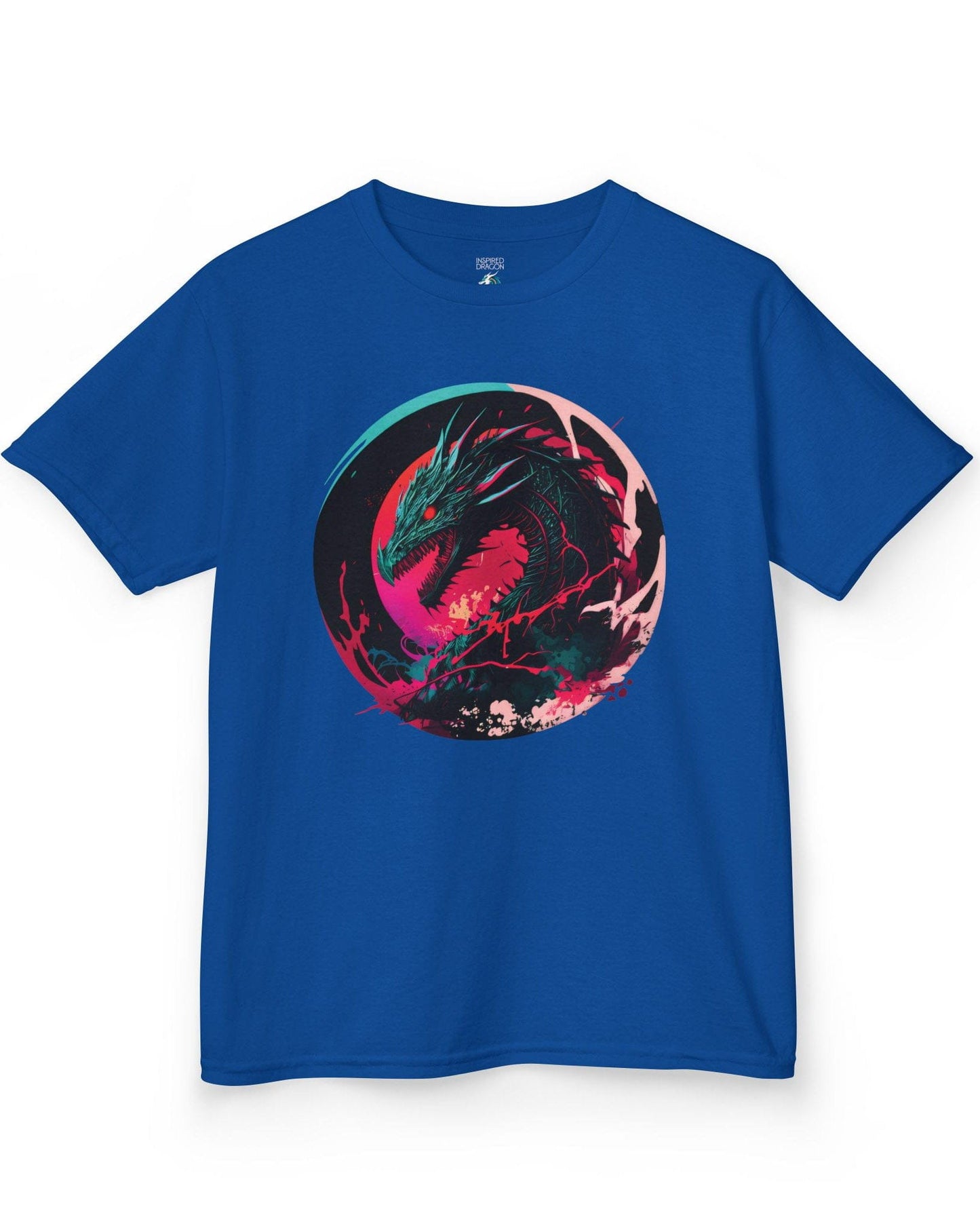 Neon Abyssal Dragon shirt in royal blue featuring a fierce dragon with electric energy, baring its teeth in a snarl