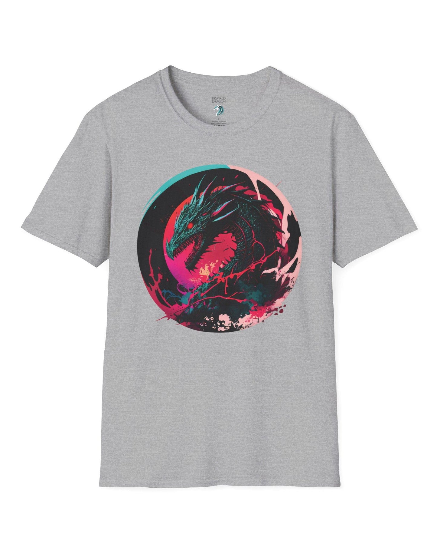 Neon Abyssal Dragon shirt in sport grey featuring a fierce dragon with electric energy, baring its teeth in a snarl.
