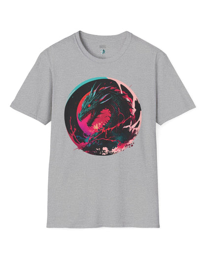 Neon Abyssal Dragon shirt in sport grey featuring a fierce dragon with electric energy, baring its teeth in a snarl.
