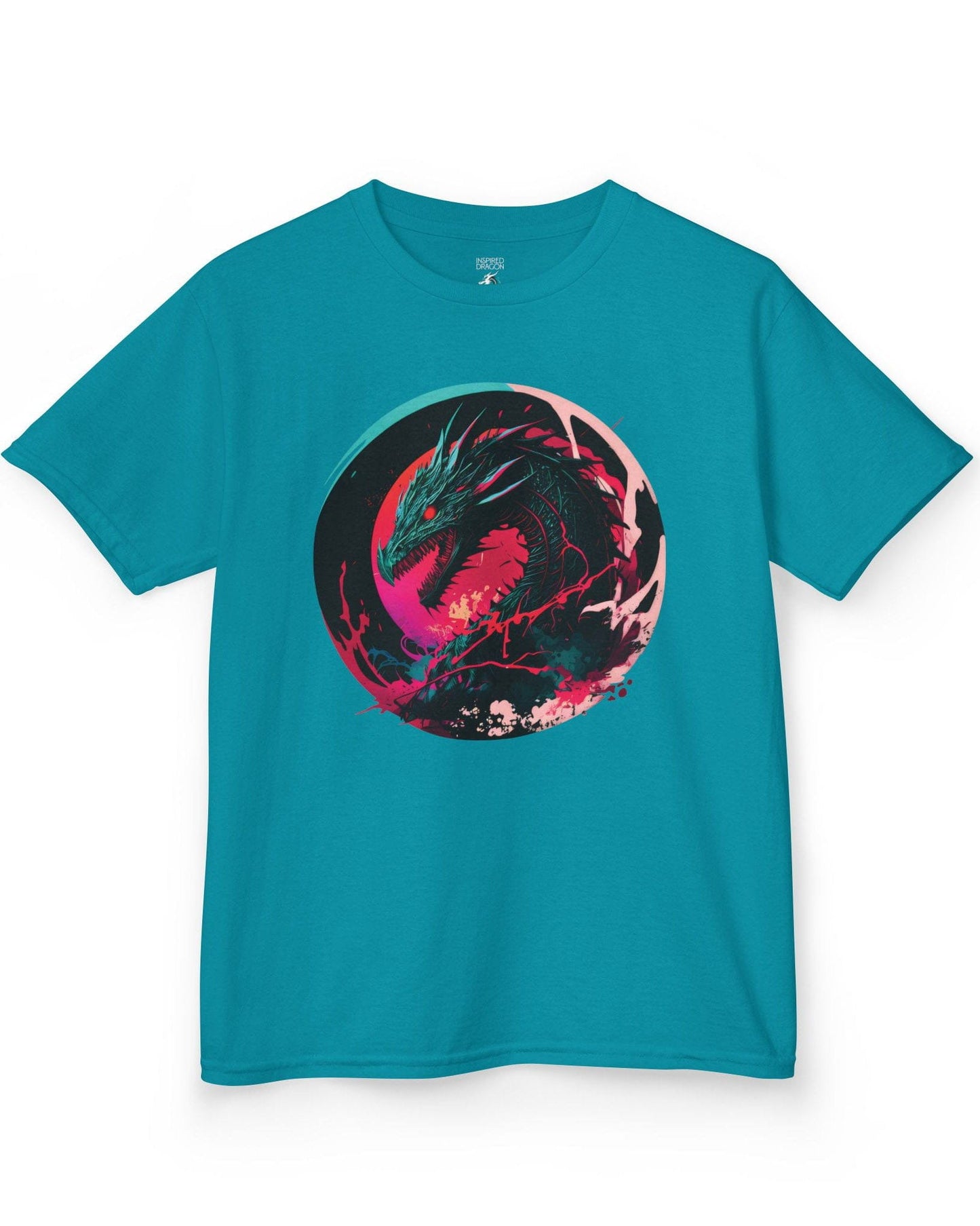 Neon Abyssal Dragon shirt in tropical blue featuring a fierce dragon with electric energy, baring its teeth in a snarl