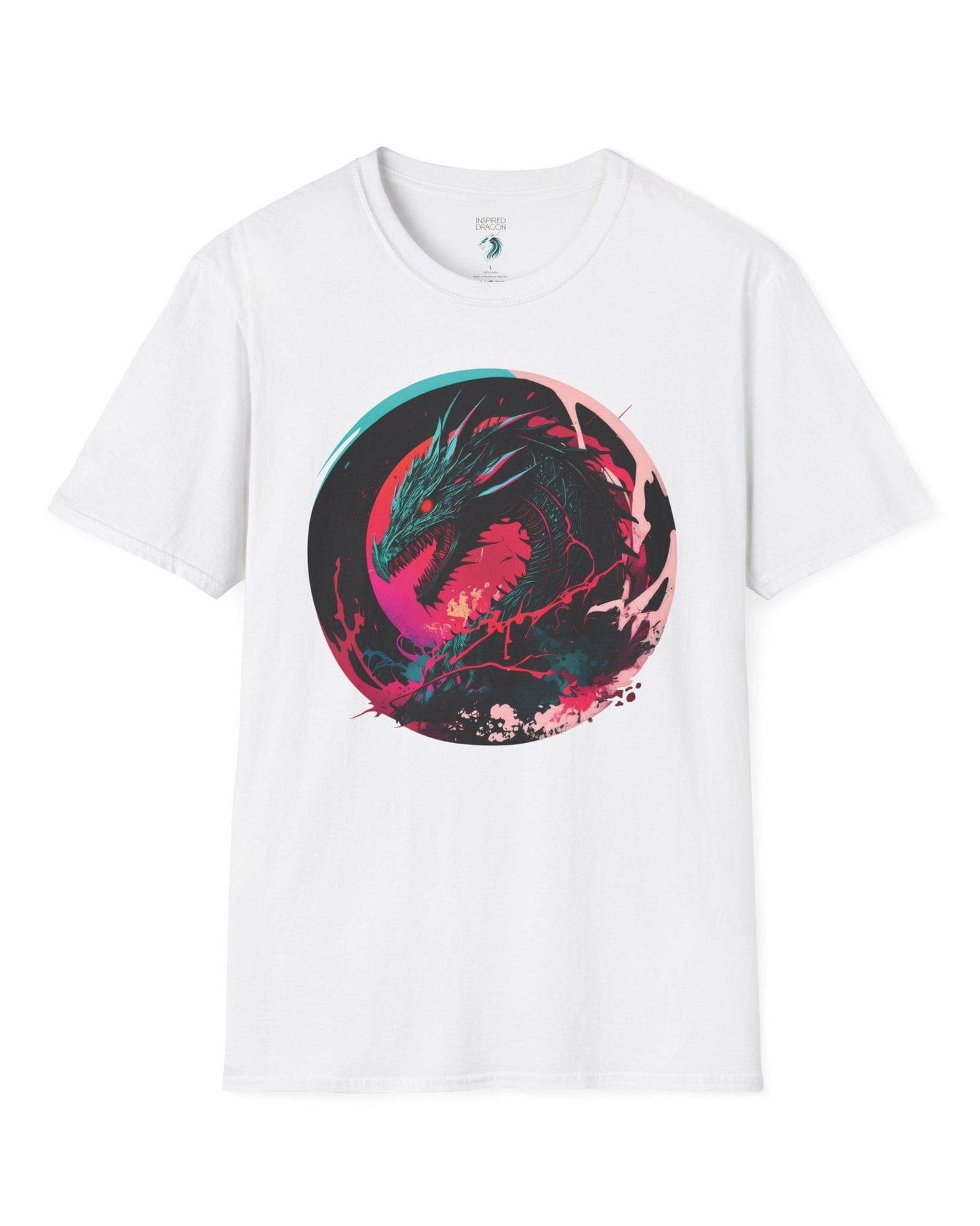 Neon Abyssal Dragon shirt in white featuring a fierce dragon with electric energy, baring its teeth in a snarl.
