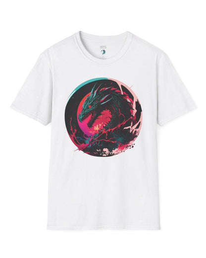 Neon Abyssal Dragon shirt in white featuring a fierce dragon with electric energy, baring its teeth in a snarl.
