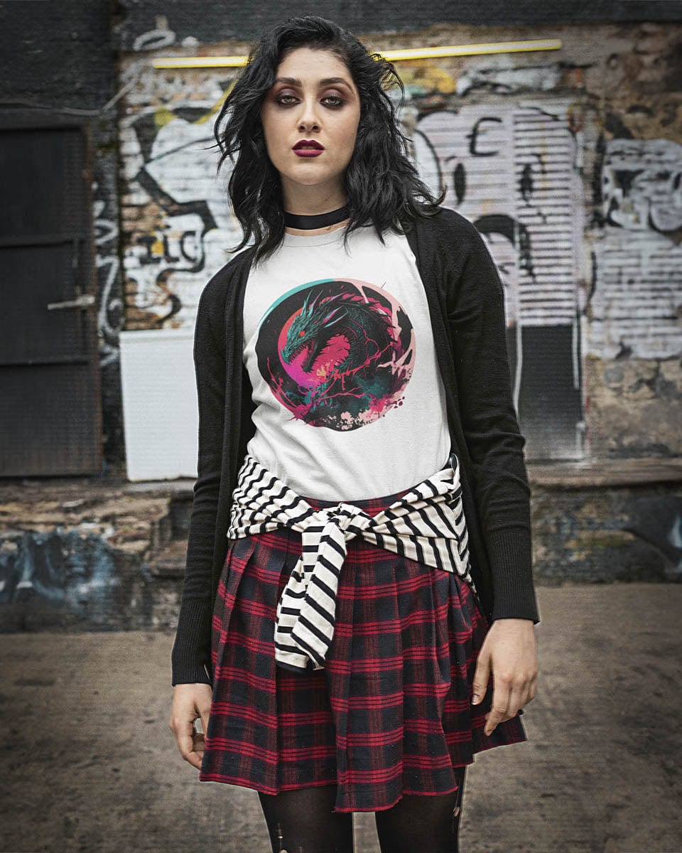 Woman with alternative style in alleyway wearing a Neon Abyssal Dragon shirt featuring a fierce dragon with electric energy.