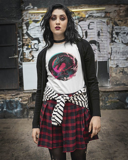 Woman with alternative style in alleyway wearing a Neon Abyssal Dragon shirt featuring a fierce dragon with electric energy.