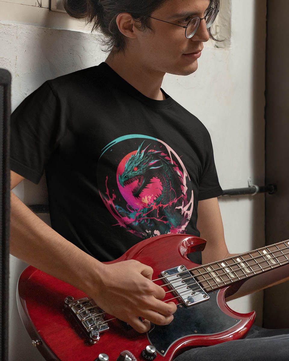 Man playing an electric guitar while wearing a Neon Abyssal Dragon shirt featuring a fierce dragon with electric energy.