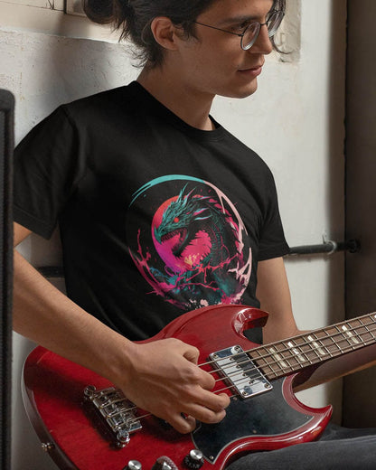 Man playing an electric guitar while wearing a Neon Abyssal Dragon shirt featuring a fierce dragon with electric energy.