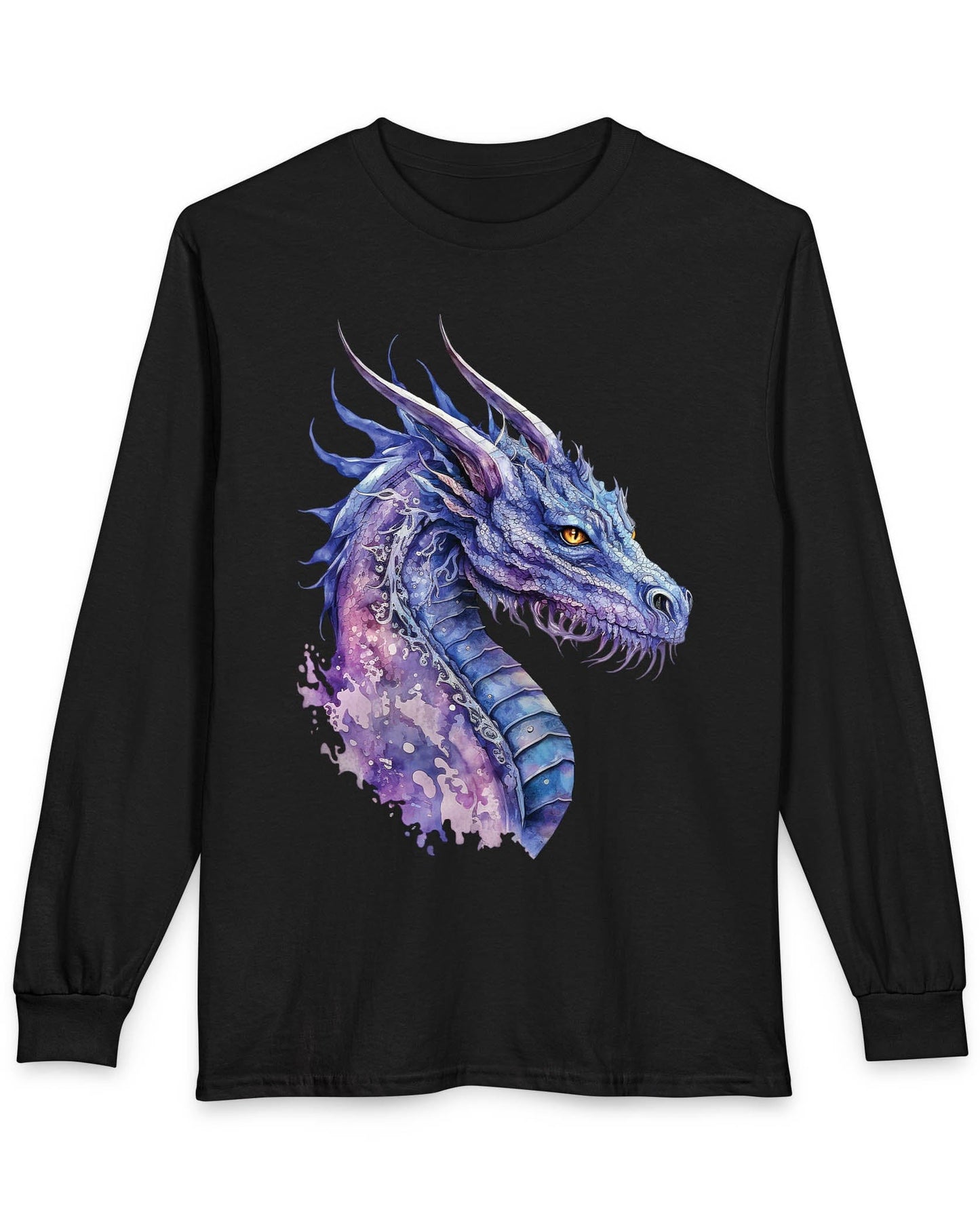 Amethyst Nebula Dragon shirt in black featuring watercolor art of the head of a blue and purple aquatic dragon.