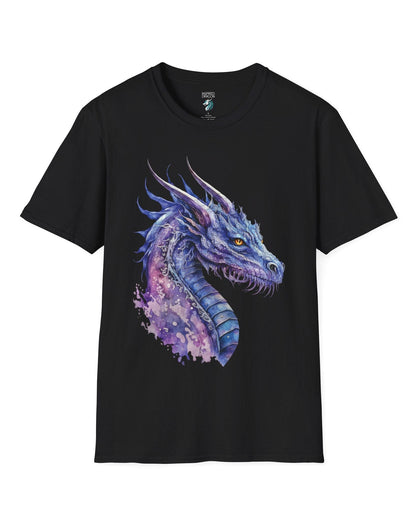 Amethyst Nebula Dragon shirt in black featuring ethereal watercolor art of an aquatic dragon with frills and tendrils.
