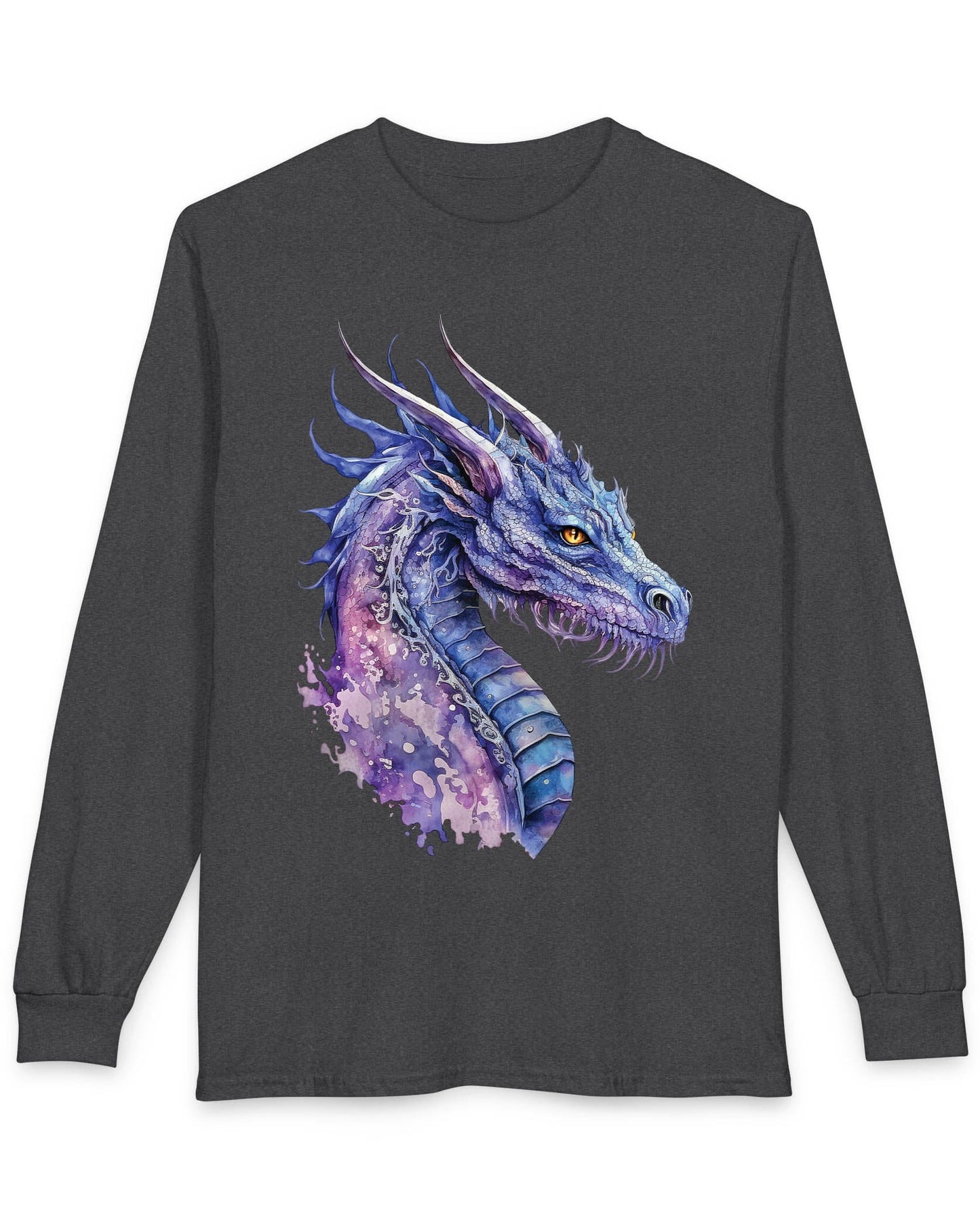 Amethyst Nebula Dragon shirt in dark heather grey featuring watercolor art of the head of a blue and purple aquatic dragon.