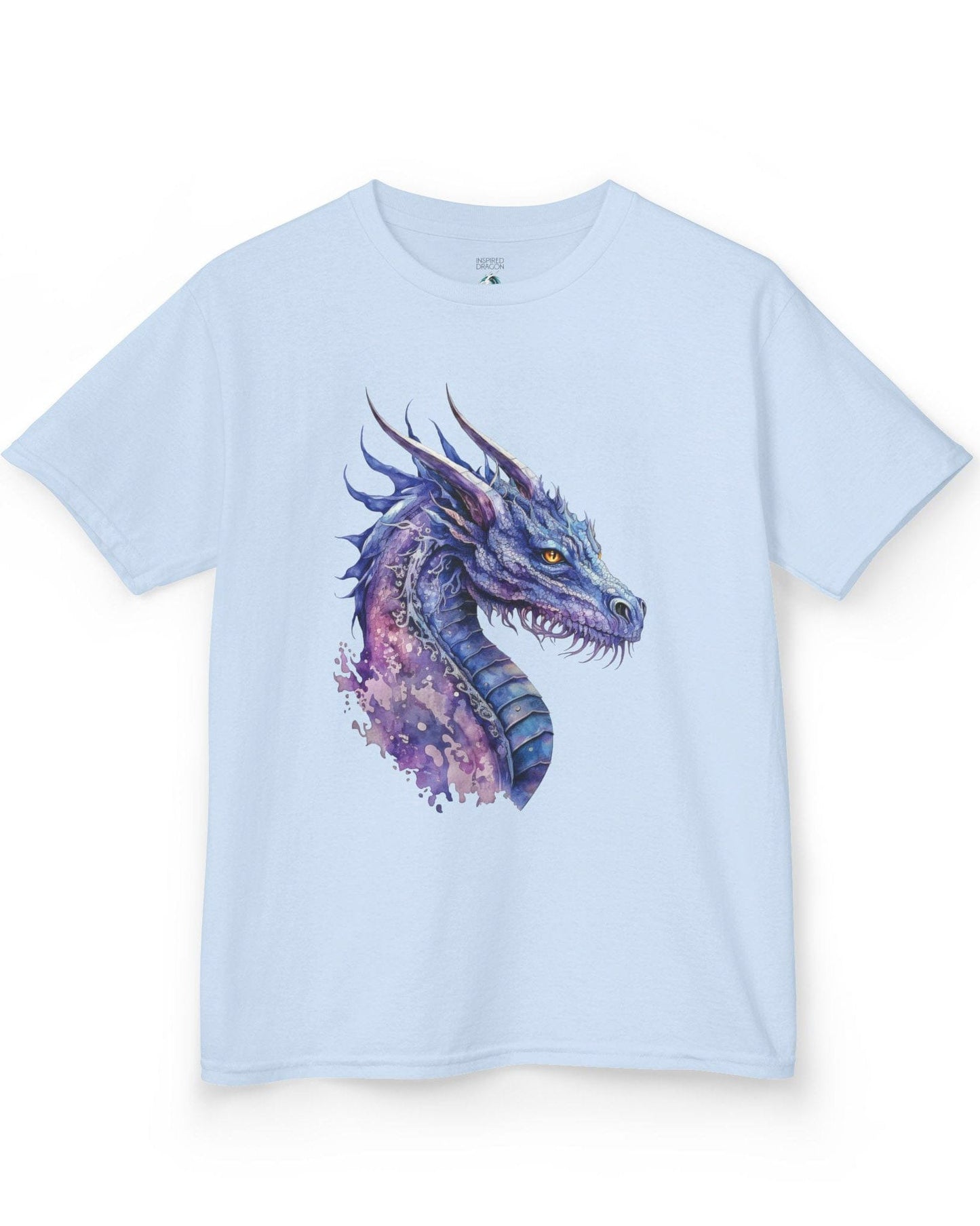 Amethyst Nebula Dragon shirt in light blue featuring watercolor art of the head of a blue and purple aquatic dragon.