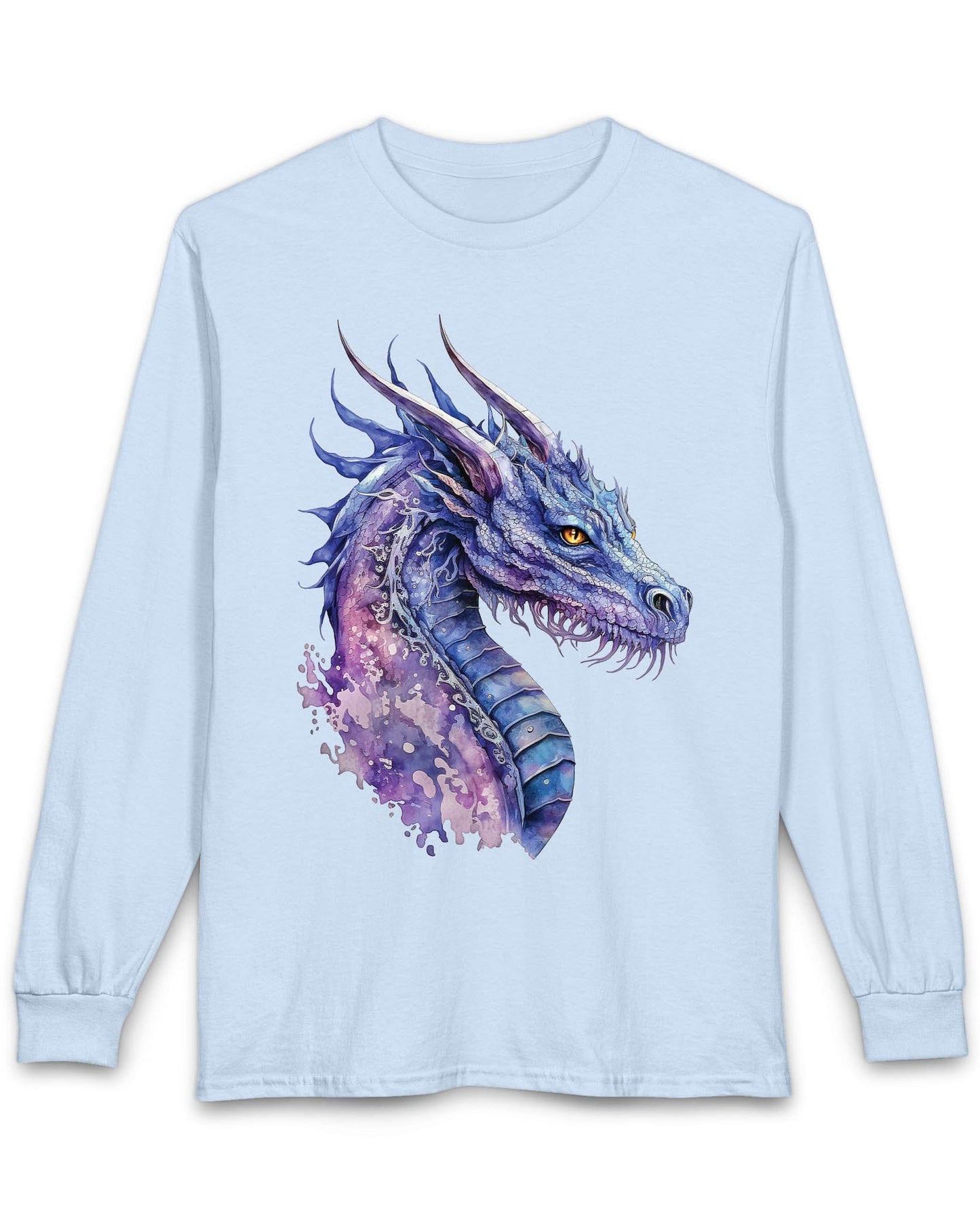 Amethyst Nebula Dragon shirt in light blue featuring watercolor art of the head of a blue and purple aquatic dragon.