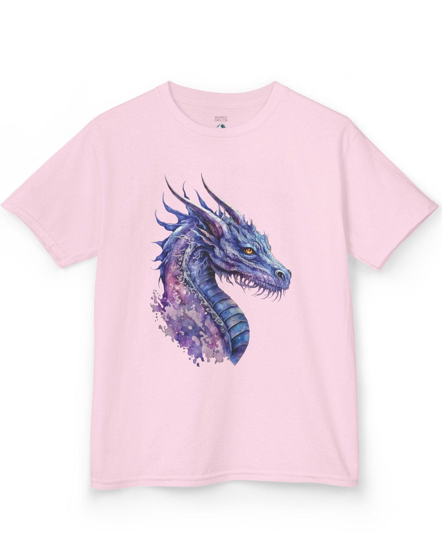 Amethyst Nebula Dragon shirt in light pink featuring watercolor art of the head of a blue and purple aquatic dragon.