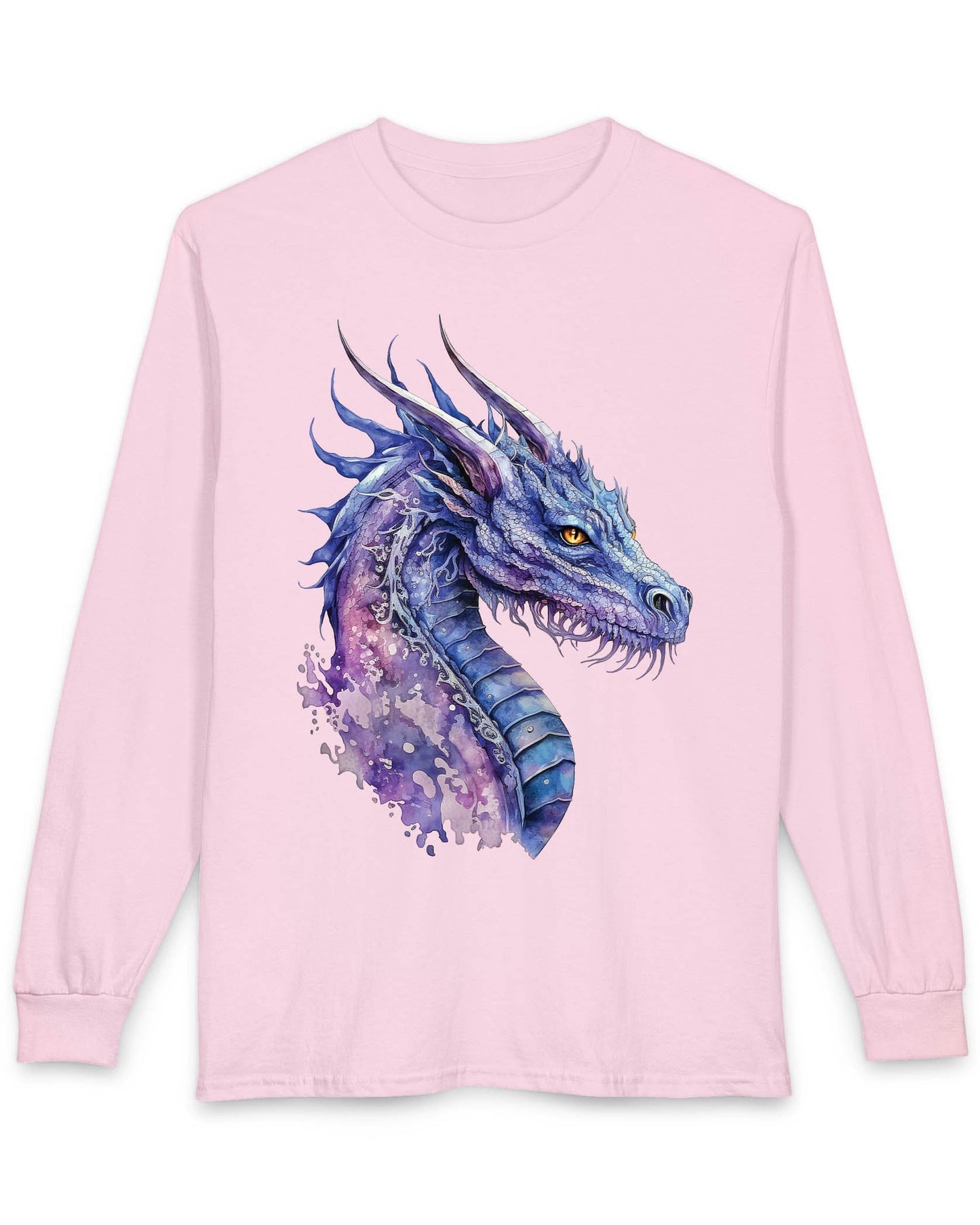 Amethyst Nebula Dragon shirt in light pink featuring watercolor art of the head of a blue and purple aquatic dragon.