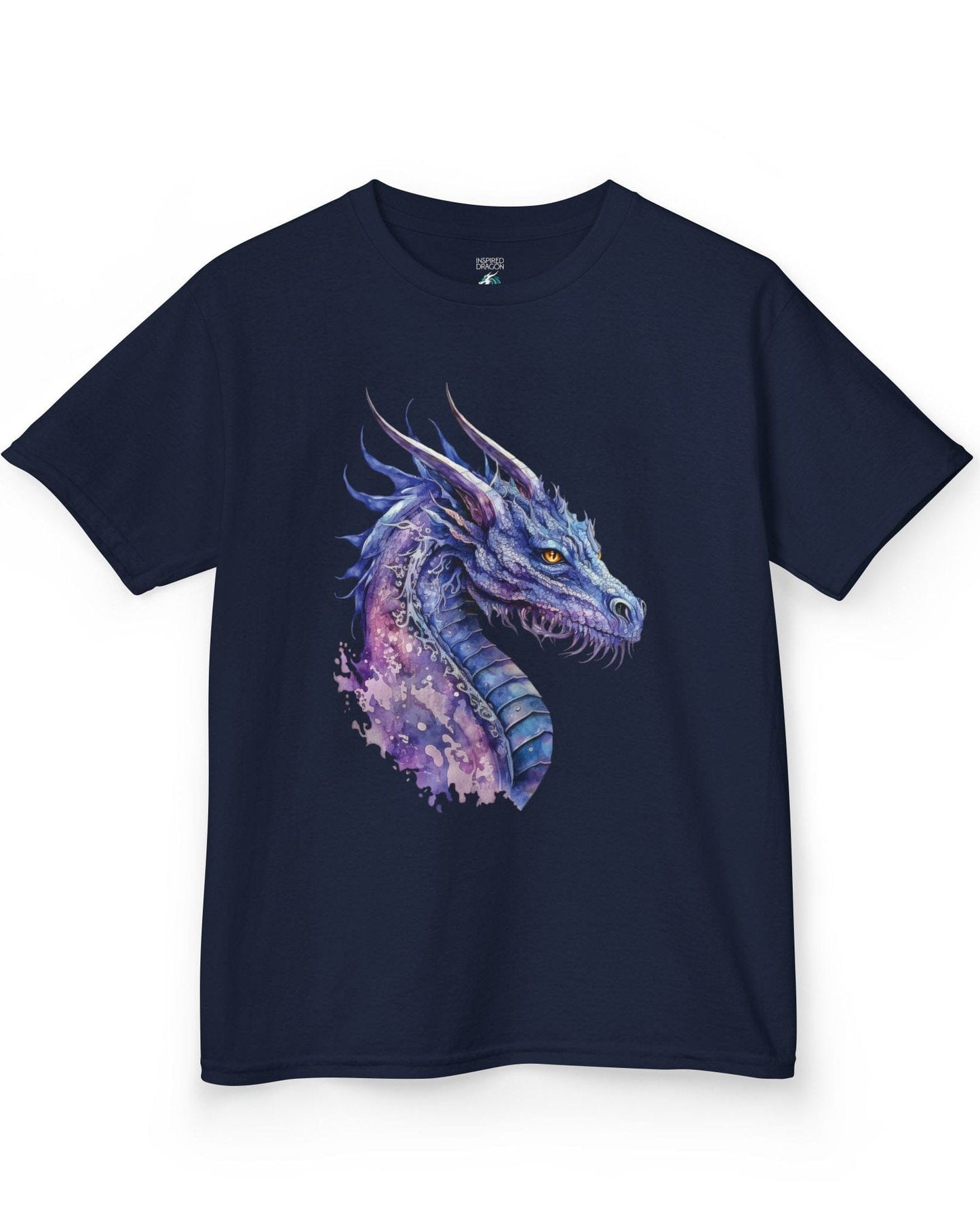 Amethyst Nebula Dragon shirt in navy featuring watercolor art of the head of a blue and purple aquatic dragon.