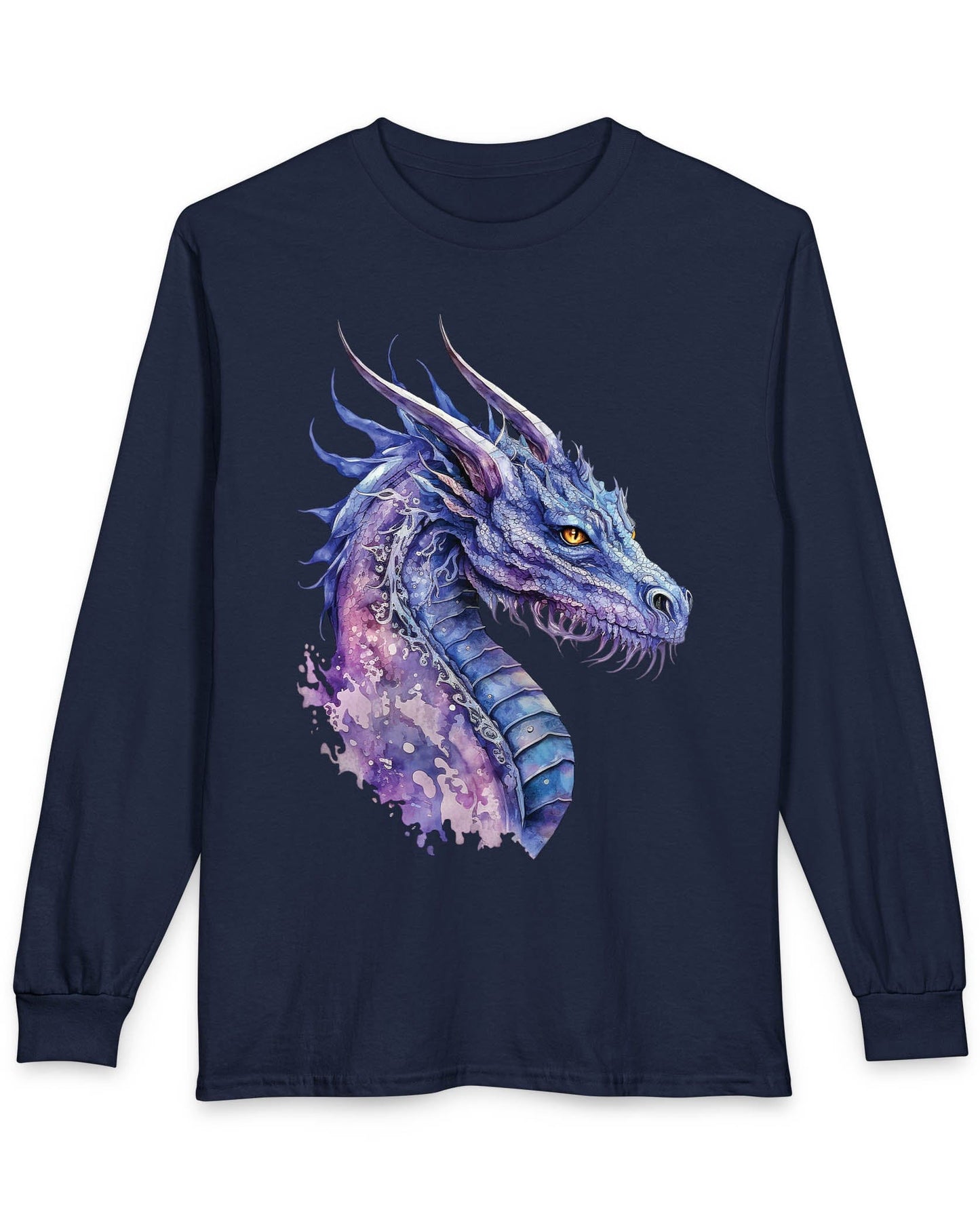 Amethyst Nebula Dragon shirt in navy featuring watercolor art of the head of a blue and purple aquatic dragon.