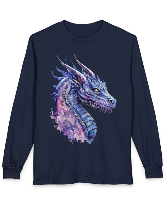Amethyst Nebula Dragon shirt in navy featuring watercolor art of the head of a blue and purple aquatic dragon.
