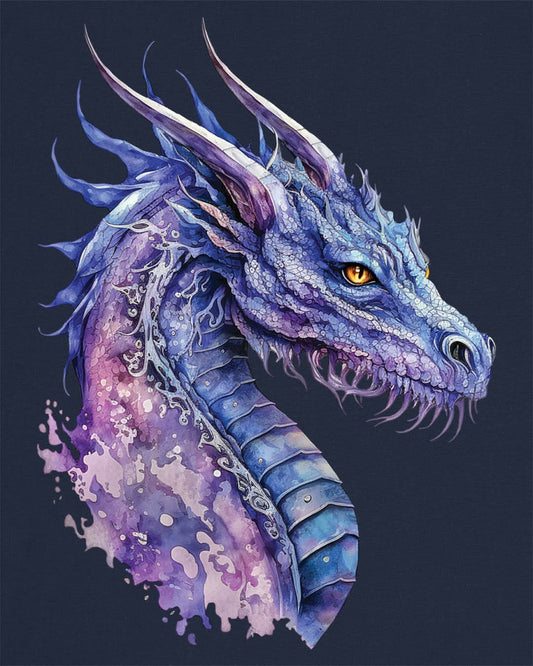 Amethyst Nebula Dragon shirt in navy featuring ethereal watercolor art of an aquatic dragon with frills and tendrils.