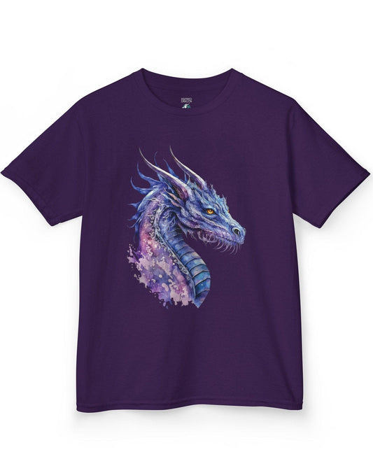 Amethyst Nebula Dragon shirt in purple featuring watercolor art of the head of a blue and purple aquatic dragon.