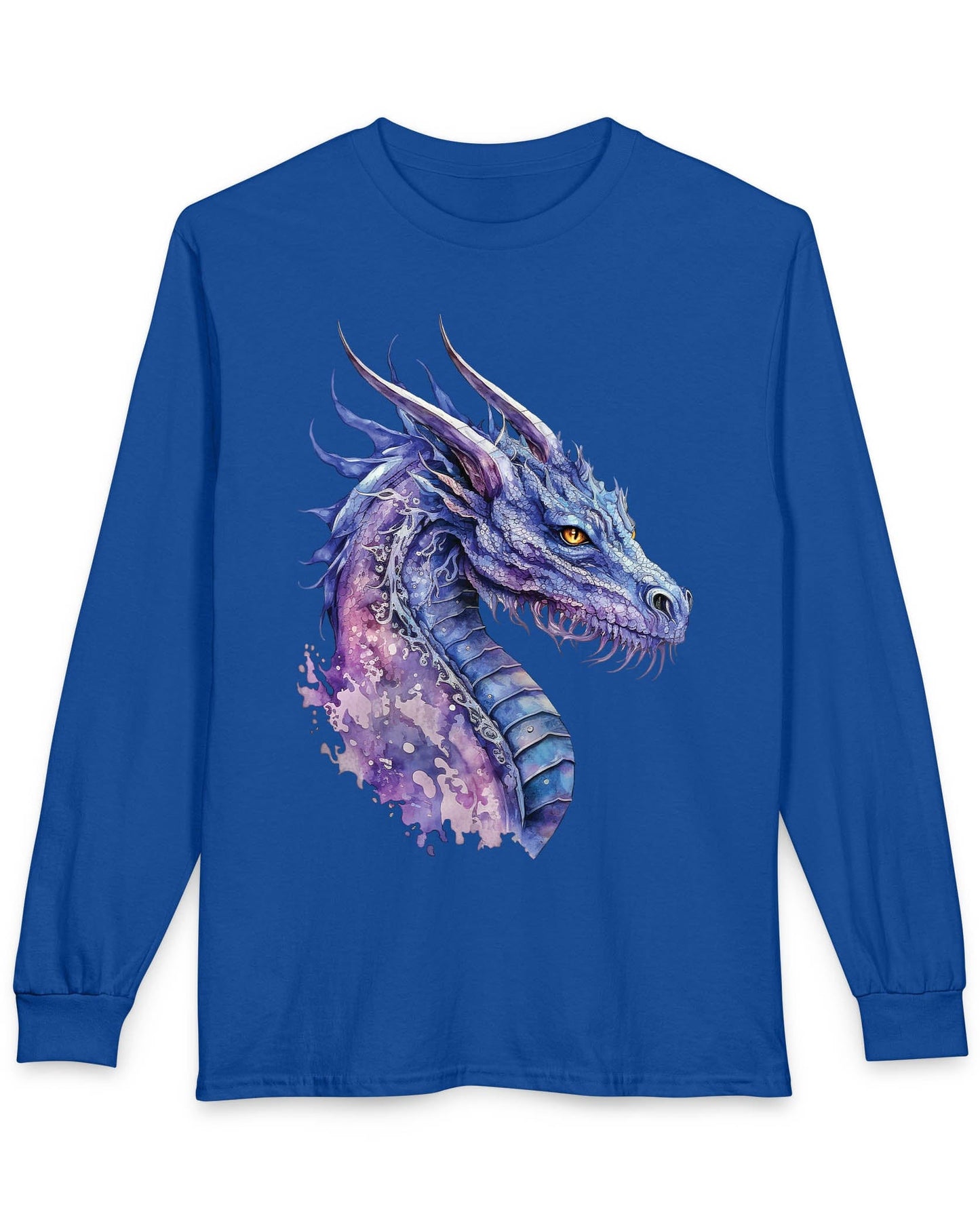 Amethyst Nebula Dragon shirt in royal blue featuring watercolor art of the head of a blue and purple aquatic dragon.