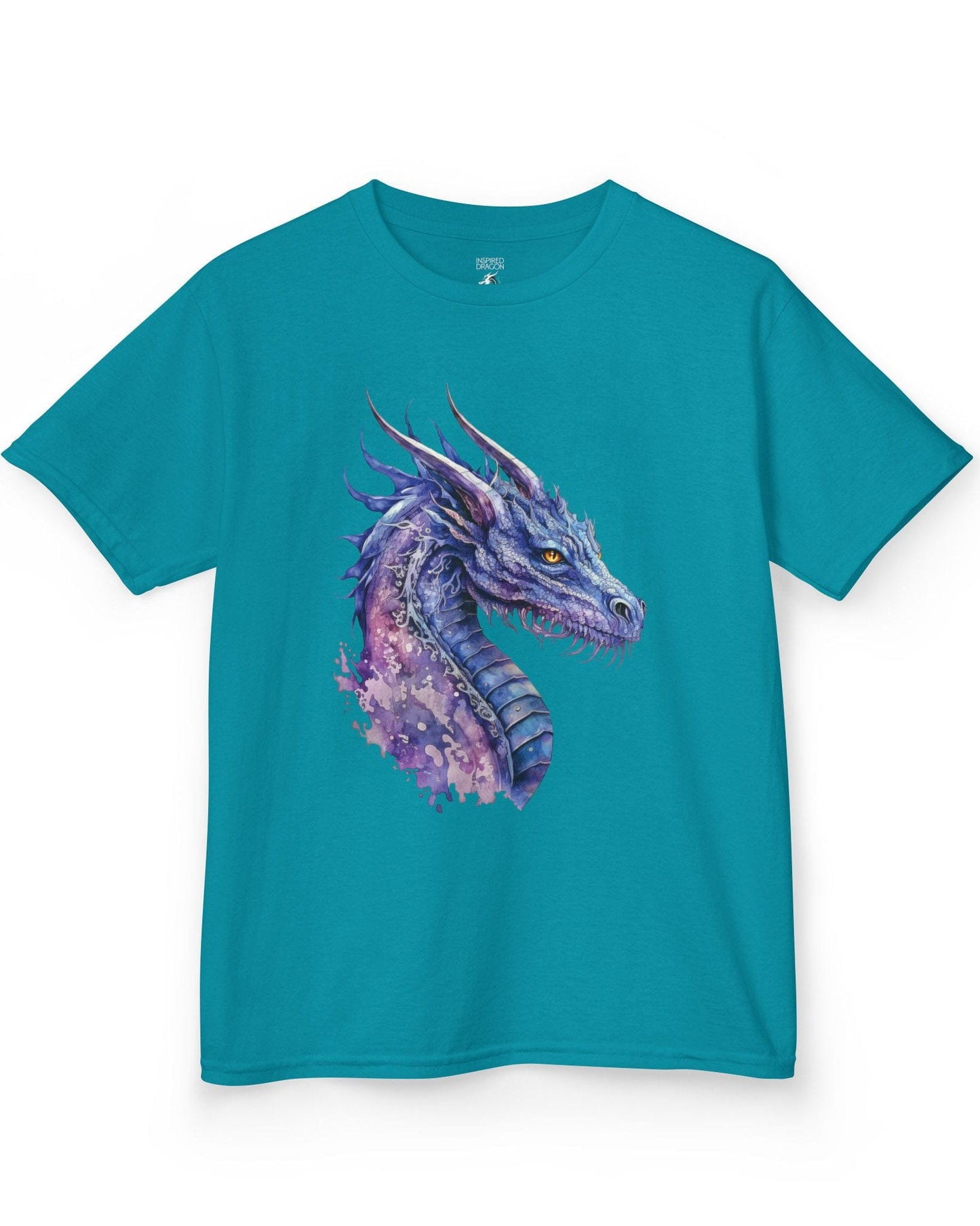 Amethyst Nebula Dragon shirt in tropical blue featuring watercolor art of the head of a blue and purple aquatic dragon.