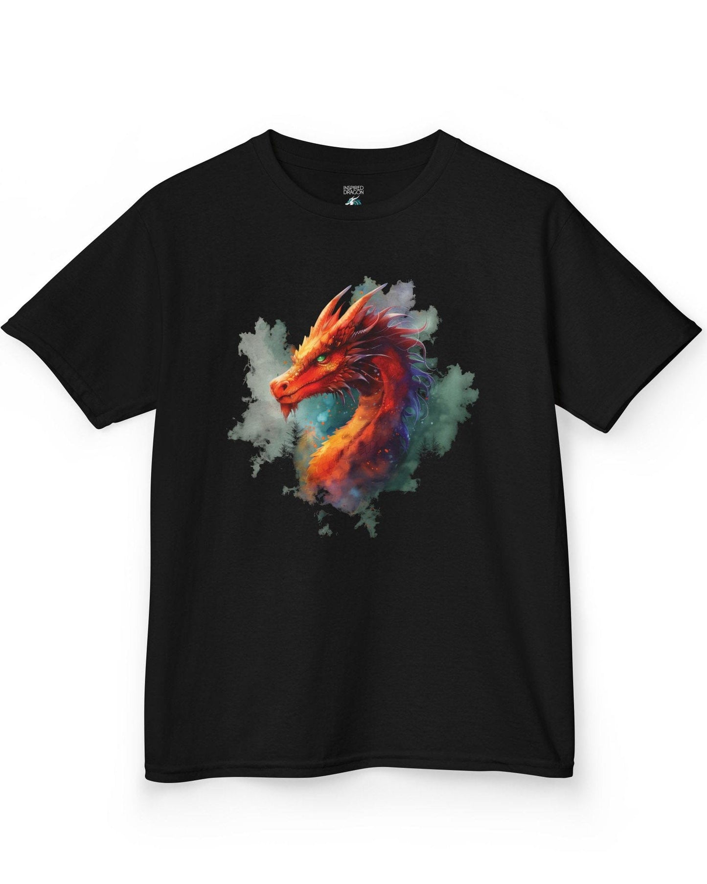 Crimson Majestic Dragon shirt in black featuring ethereal watercolor art of a red-orange dragon's head and neck