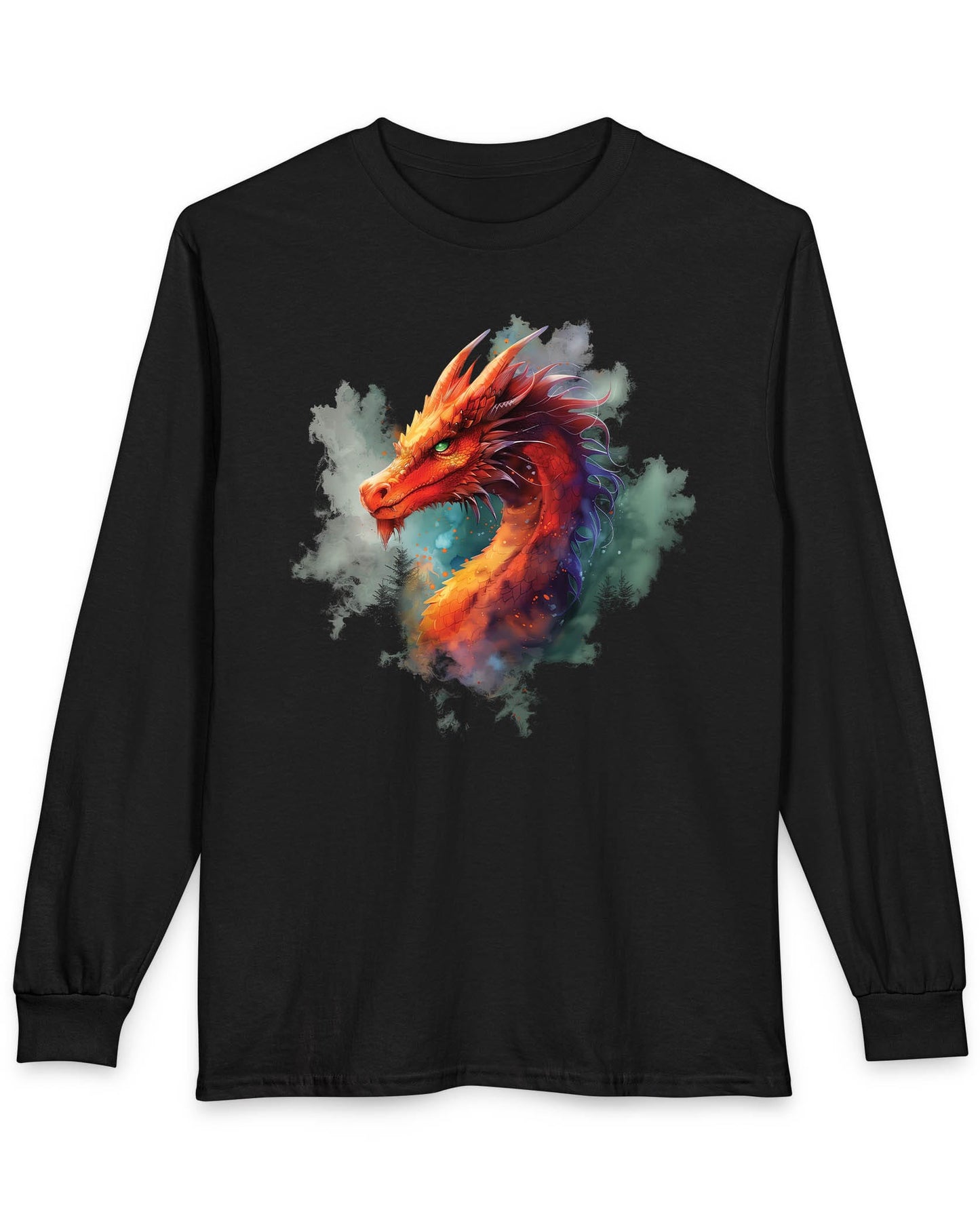 Crimson Majestic Dragon shirt in black featuring ethereal watercolor art of a red-orange dragon's head and neck