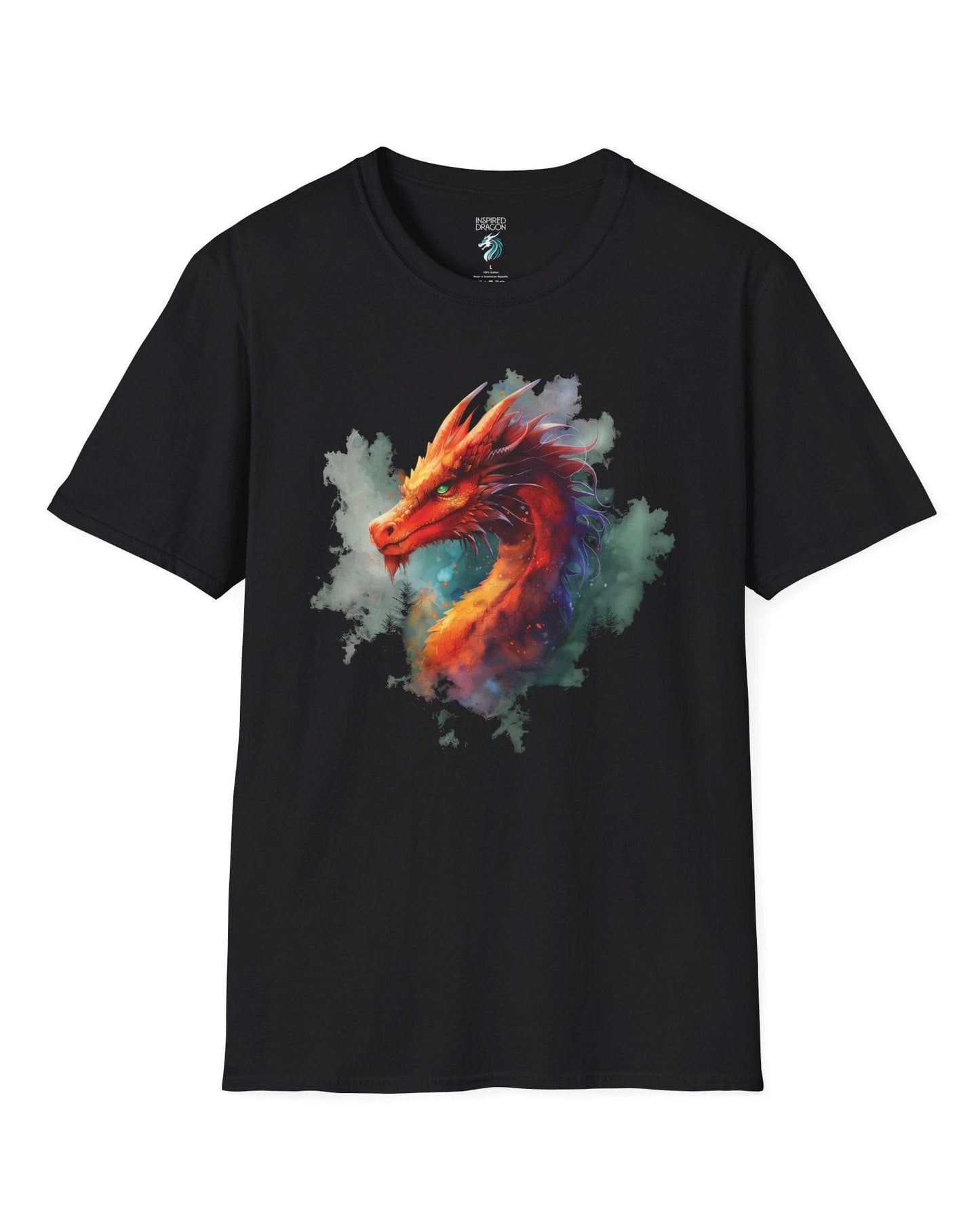 Crimson Majestic Dragon shirt in black featuring ethereal watercolor art of a red-orange dragon's head and neck.
