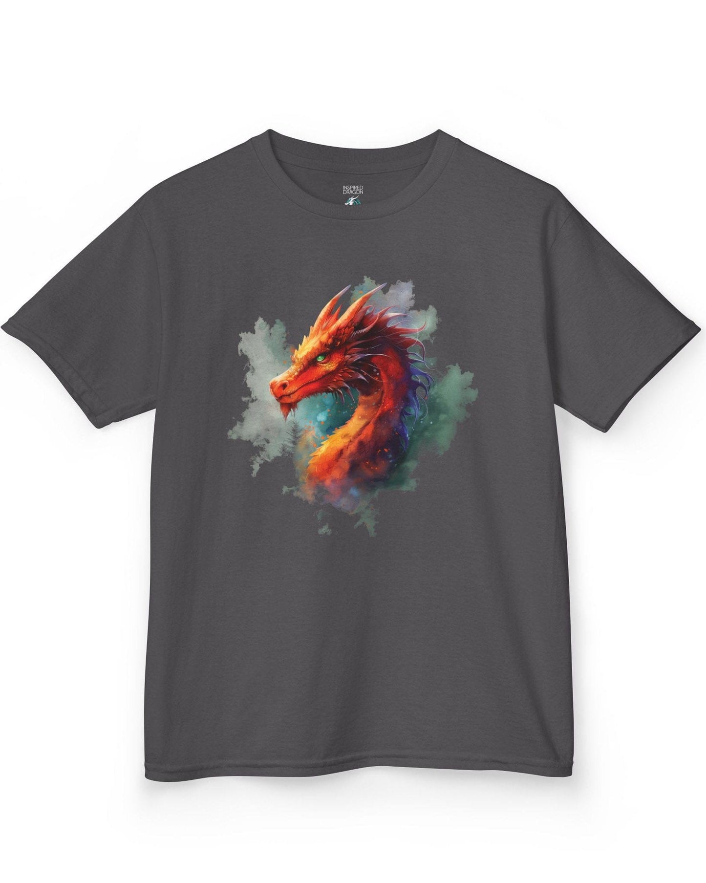 Crimson Majestic Dragon shirt in charcoal featuring ethereal watercolor art of a red-orange dragon's head and neck