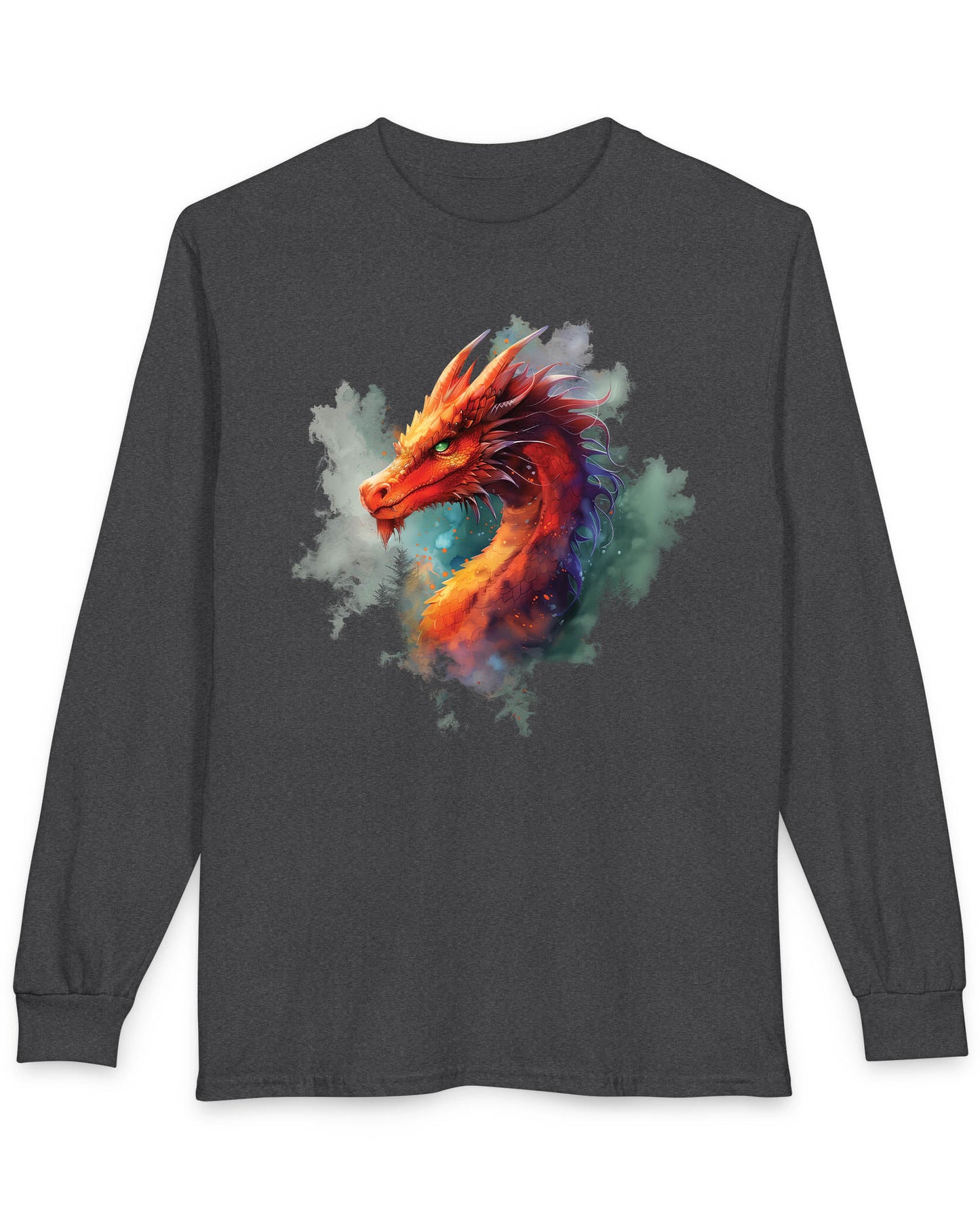 Crimson Majestic Dragon shirt in dark heather featuring ethereal watercolor art of a red-orange dragon's head and neck
