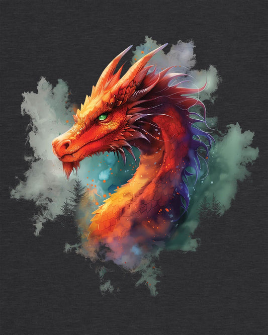 Crimson Majestic Dragon shirt in dark heather grey featuring ethereal watercolor art of a red-orange dragon's head and neck.