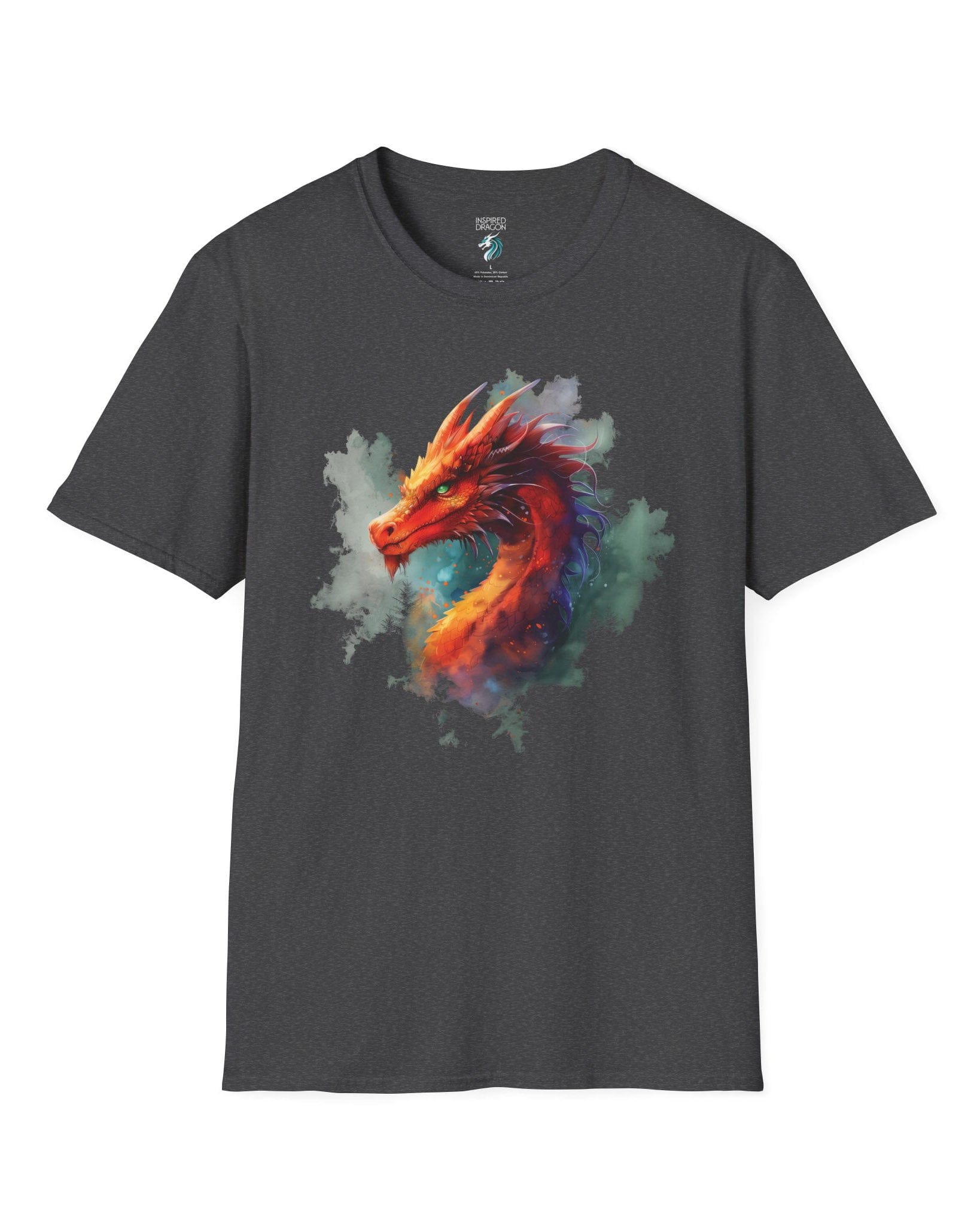 Crimson Majestic Dragon shirt in dark heather grey featuring ethereal watercolor art of a red-orange dragon's head and neck.

