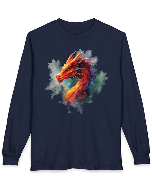Crimson Majestic Dragon shirt in navy featuring ethereal watercolor art of a red-orange dragon's head and neck