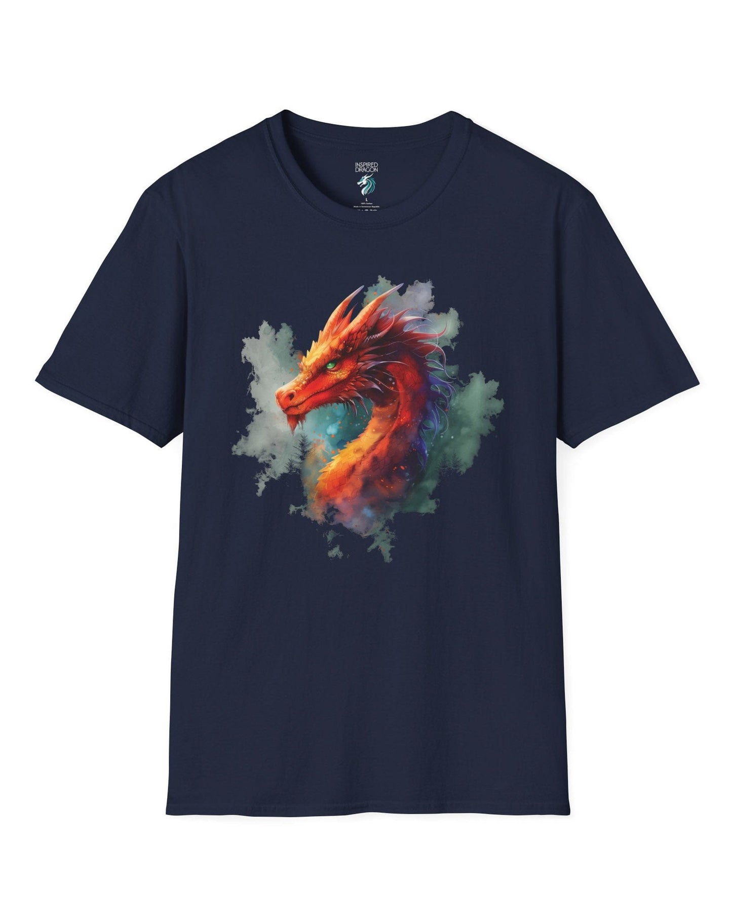 Crimson Majestic Dragon shirt in navy featuring ethereal watercolor art of a red-orange dragon's head and neck.
